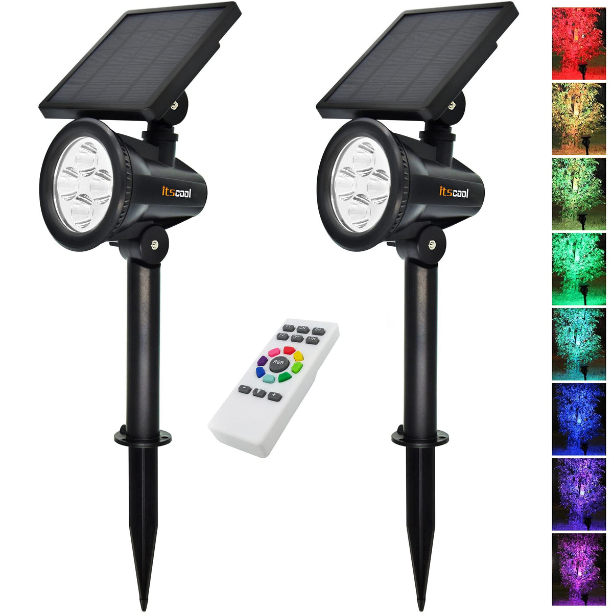 Itscool Solar Spotlights, Colored Tree Spot Lights Solar With Remote Control, 9 Colors Fixed Or Auto Change For Yard
