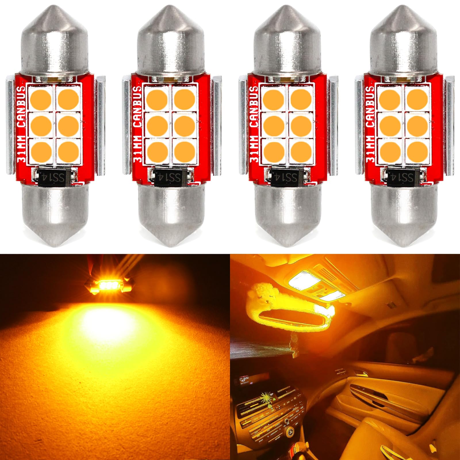 PHINLION Amber Yellow LED Light Bulbs, Festoon 31mm, Super Bright, Pack of 4