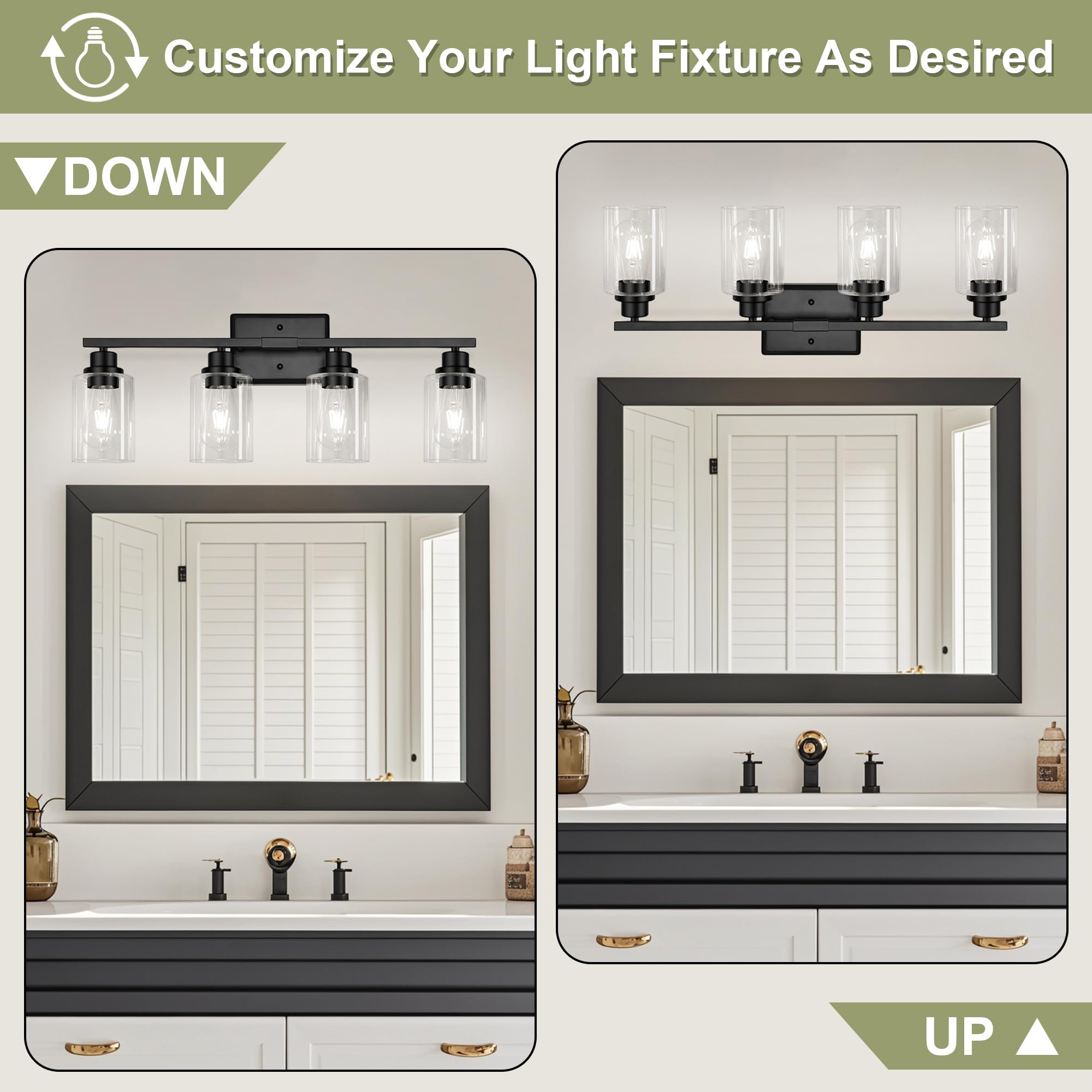 Unicozin 4 Light Vanity Bathroom Light Fixtures, Black Metal Wall Lamp with Clear Glass for Living Room, Bedroom, Porch