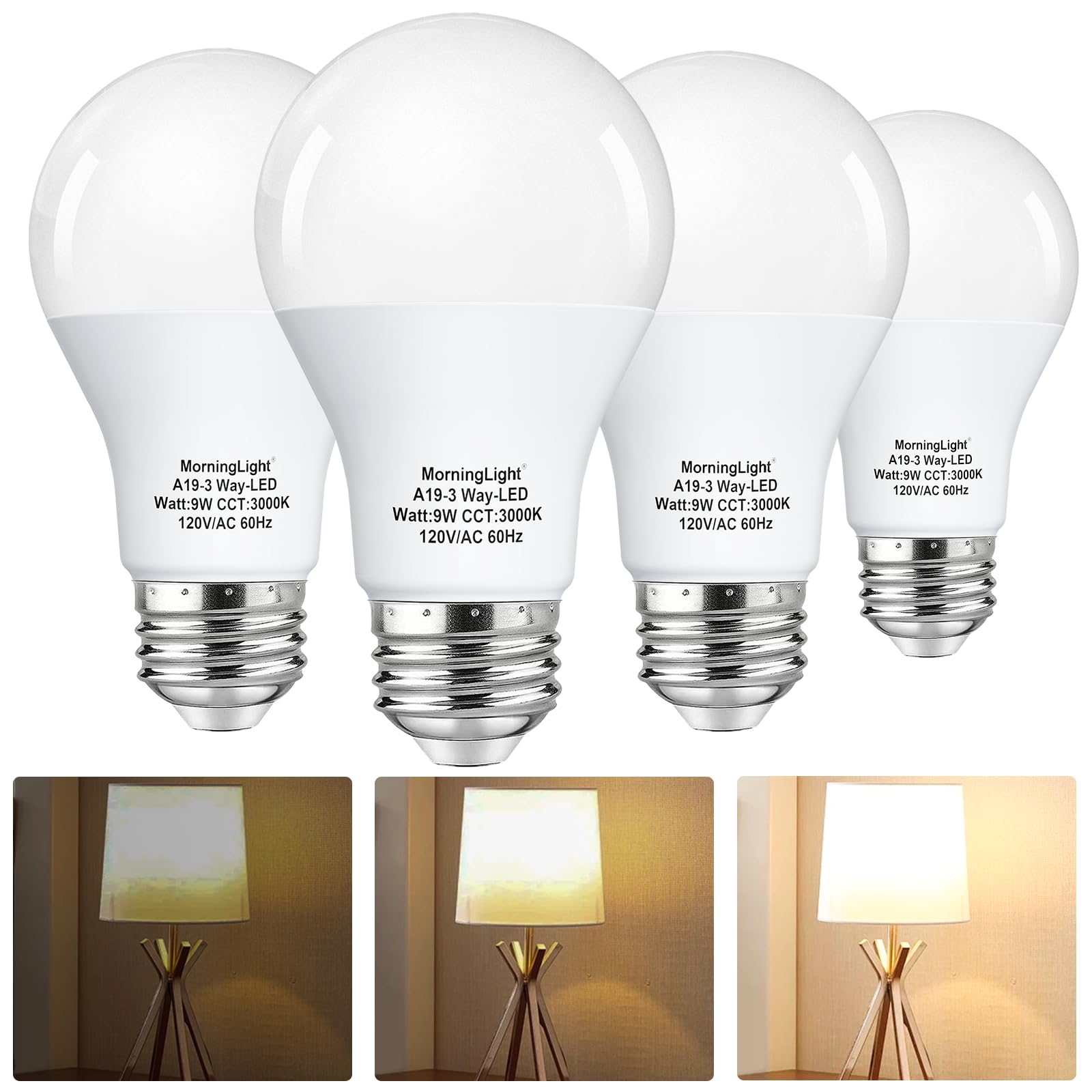Morninglight A19 3-Way Led Light Bulbs 15 40 60Watt Equivalent Soft White 3000K, E26 Base, 9W A19 Three Way Light Bulbs For 3-Wa