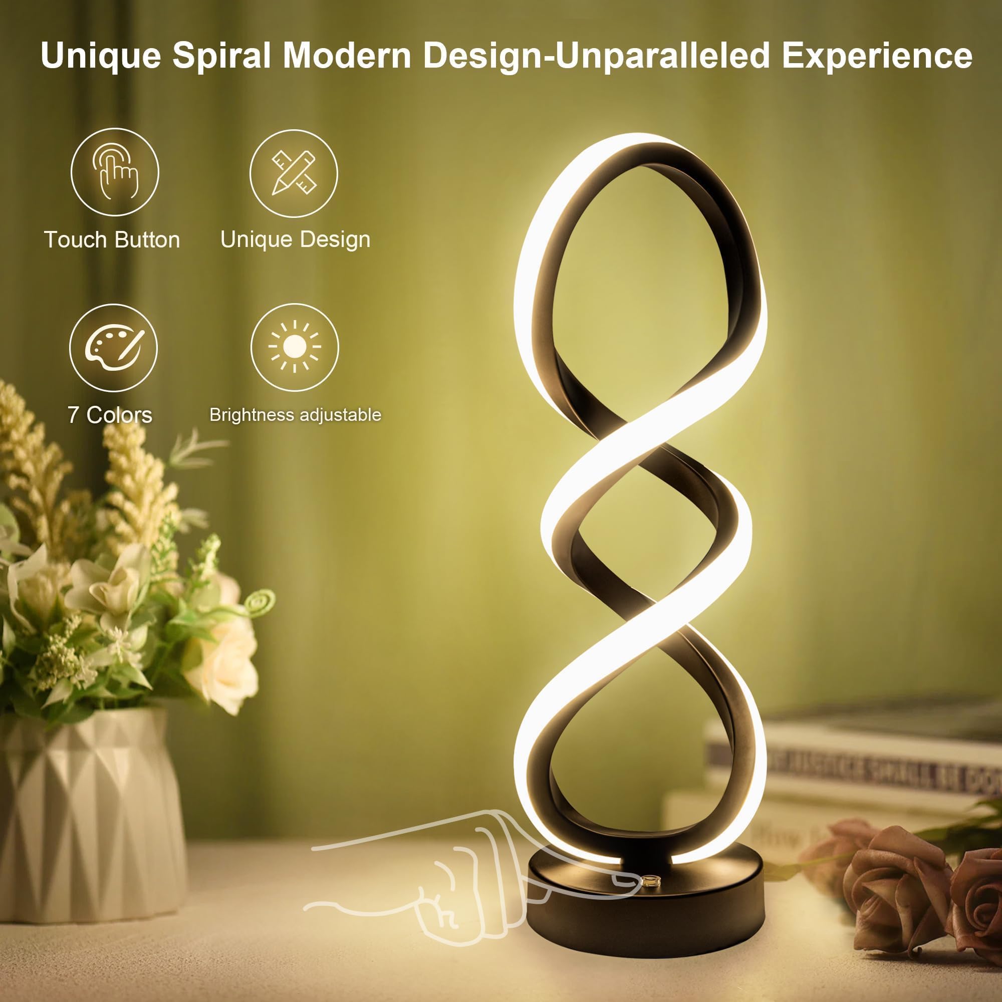 Adebime Modern Touch Dimmable Table Lamp - 7 Colors, 10 Modes, Black Spiral Design, 15.7&quot;