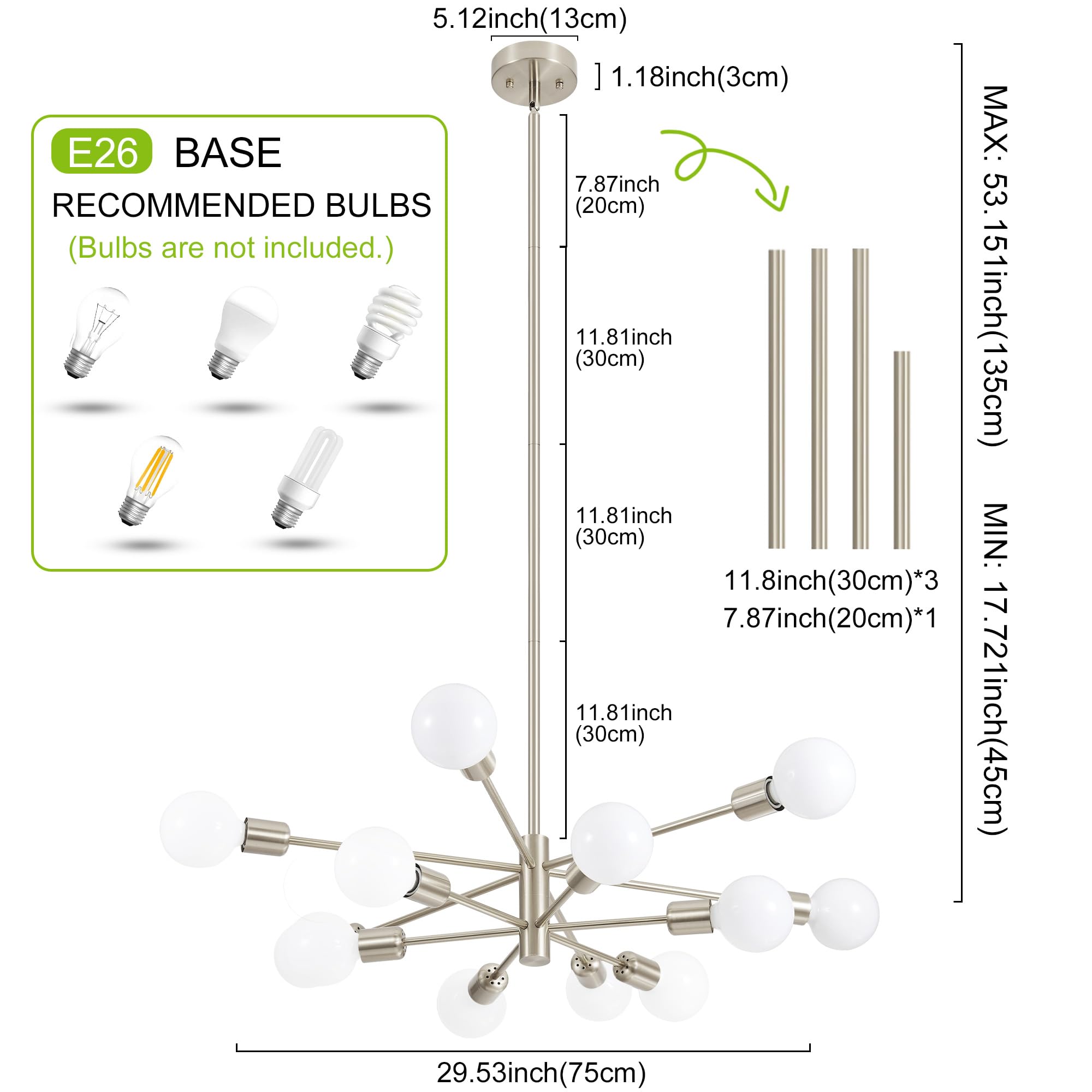 Deyidn Sputnik Chandelier Modern Brushed Nickel Chandeliers 12-Light Mid Century Ceiling Lighting Fixture For Living Room, Kitch