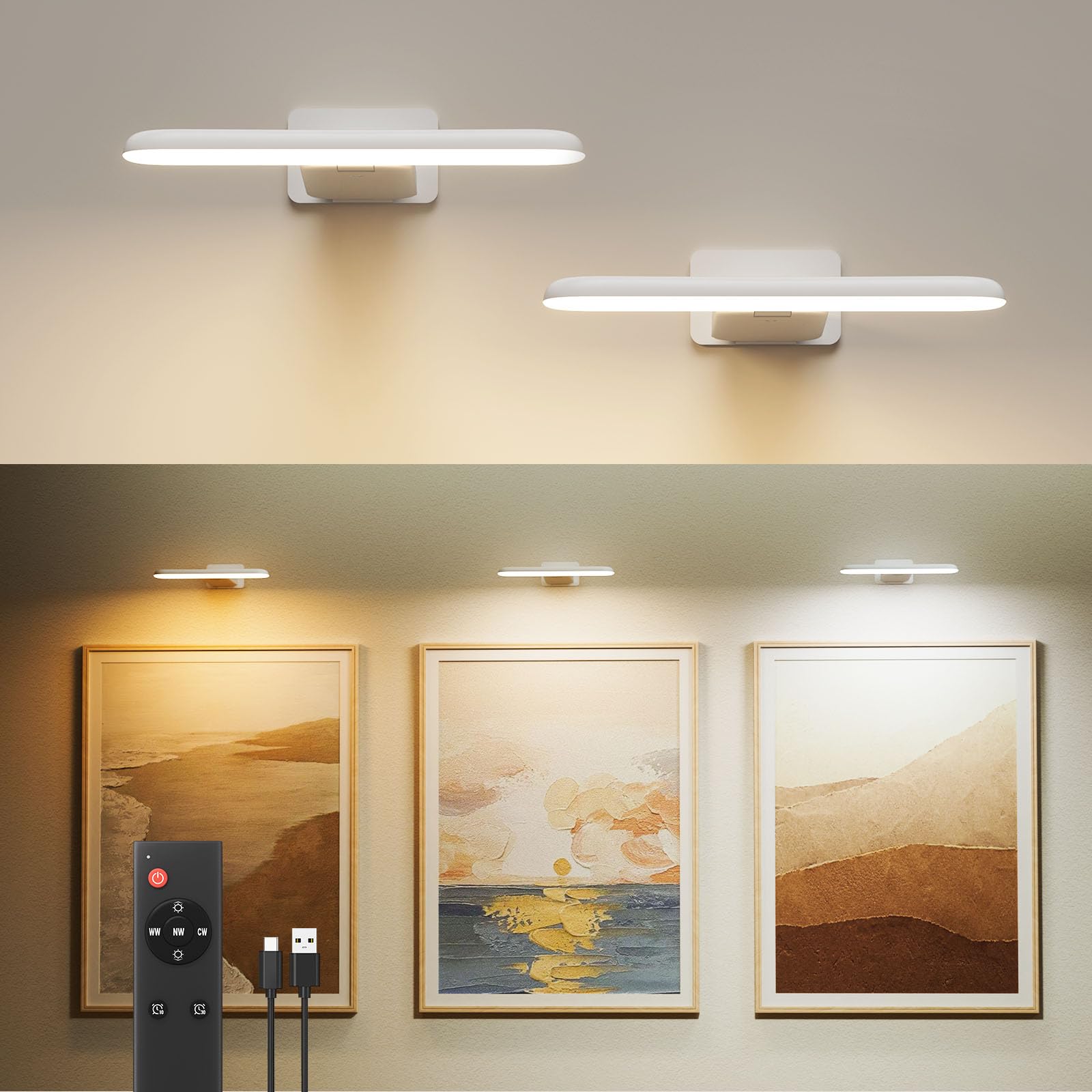 FULEN Picture Lights, Rechargeable LED Wall Lights, 3 Color Temperatures, 2 Pack, White, Model wl03, Cordless for Arts and Gallery