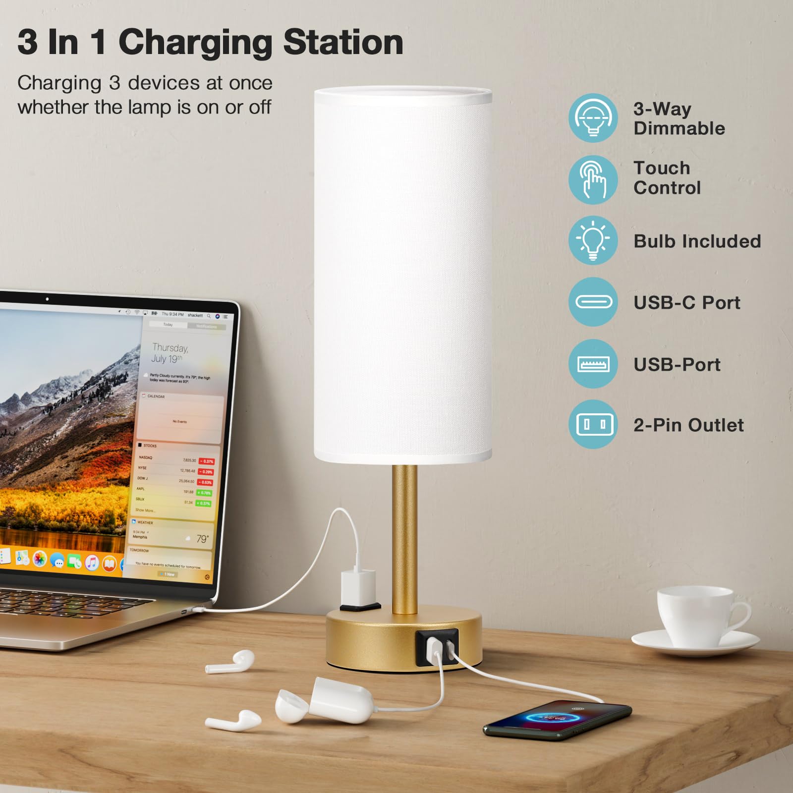Fenmzee 3-Way Dimmable Touch Lamp - 14" White Linen Shade, USB C Ports, AC Outlet, LED Bulb Included, Model 12-23