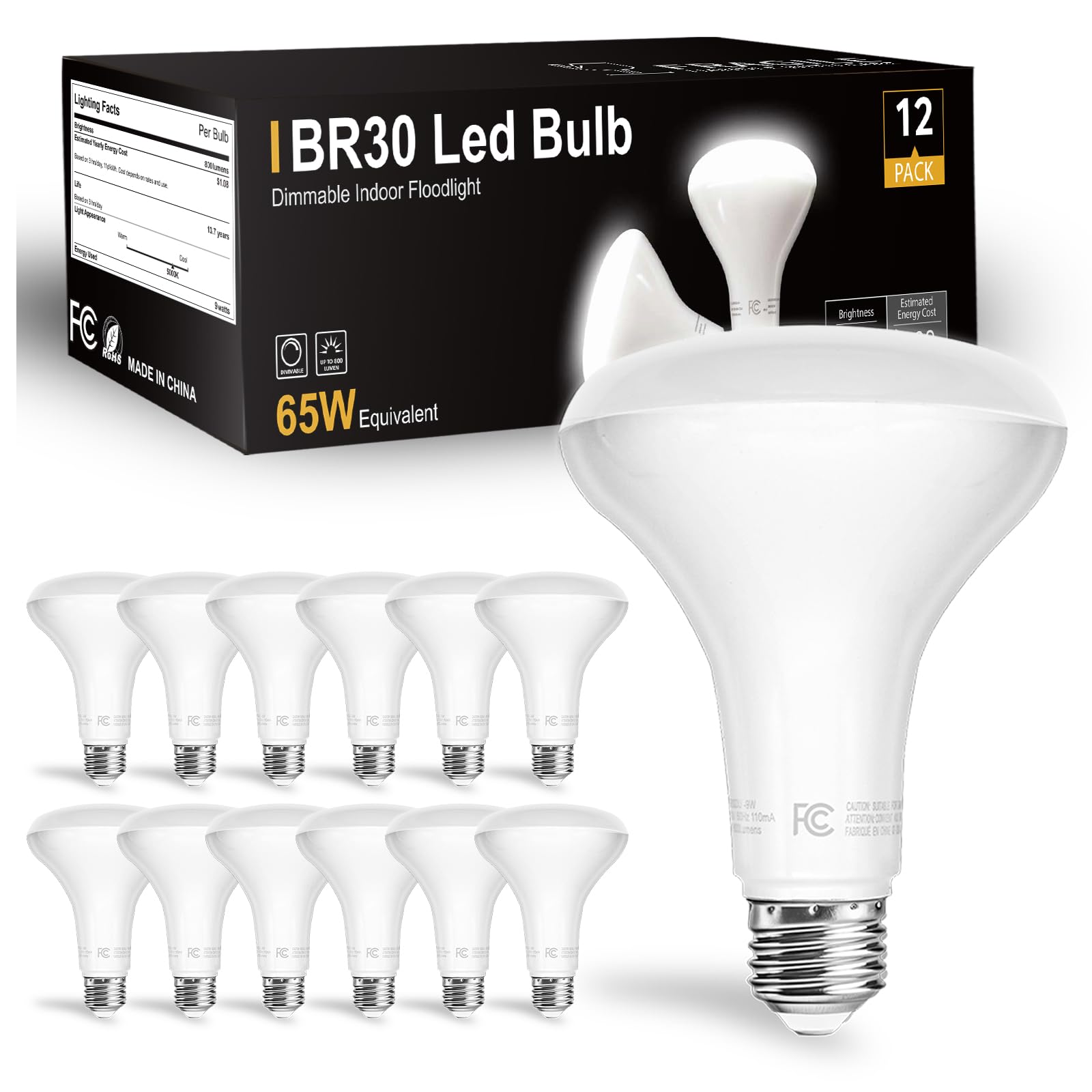 Dalattin 12 Pack Br30 Led Bulbs 65W Equivalent, Dimmable Indoor Flood Lights 5000K Daylight White, 9W, 800 Lumens, E26 Base, Led