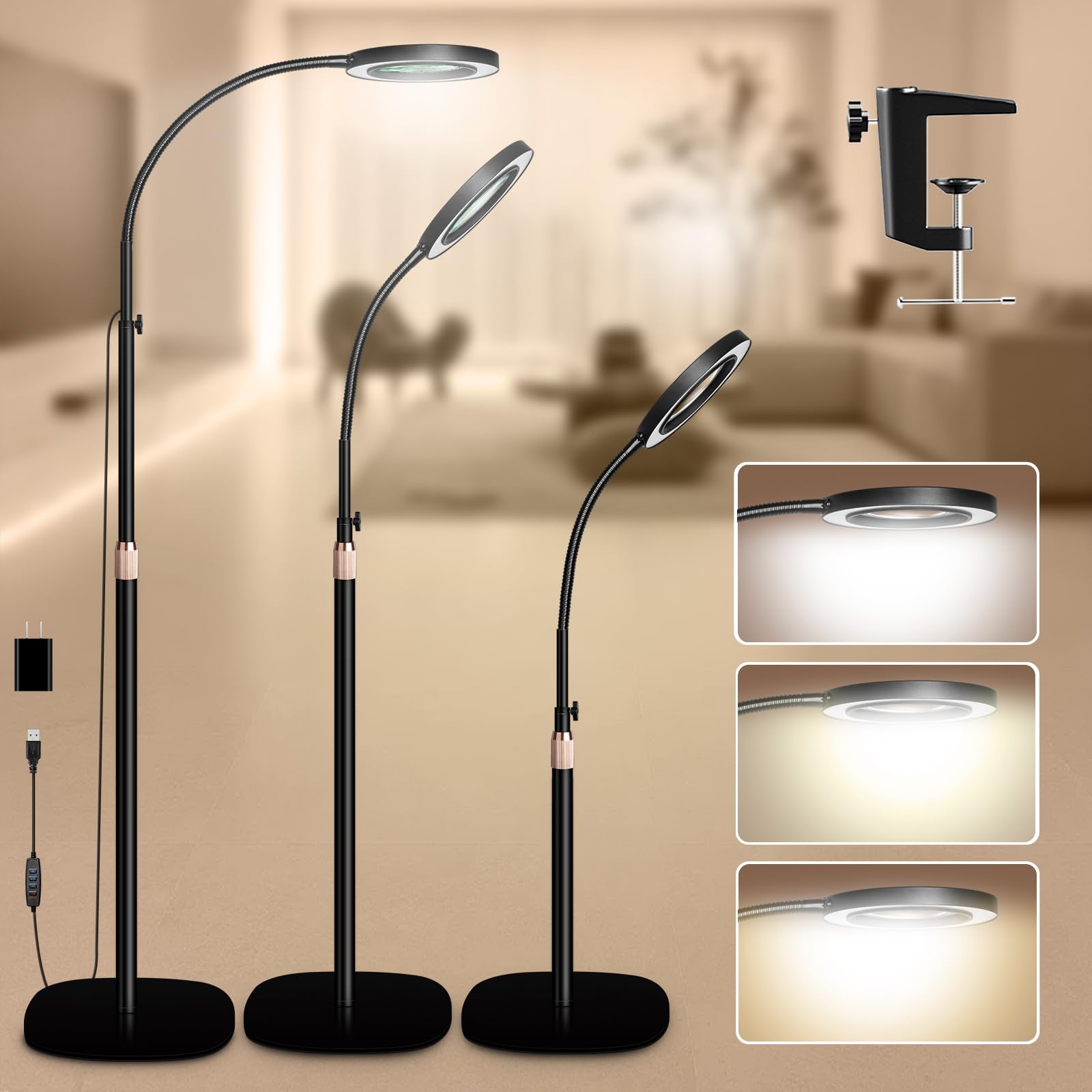 Hitti 10X Floor Magnifying Glass With Light, Flexible Gooseneck Magnifying Floor Lamp, 3 Color Modes Stepless Dimmable Led Light