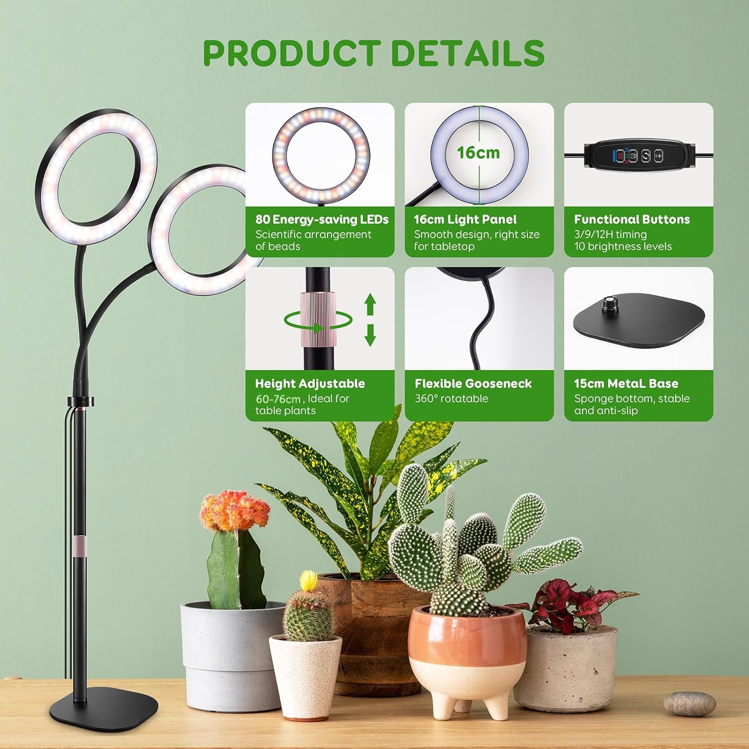 Lpmzmbl Dual Heads Grow Lights For Indoor Plant Full Spectrum, Desk Halo Plant Lights For Indoor Growing With 3/9/12 Timer, 5 Dimmable Levels,Height Adjustable 9.4-23.6&quot;,Strong Metal Base Happy Light