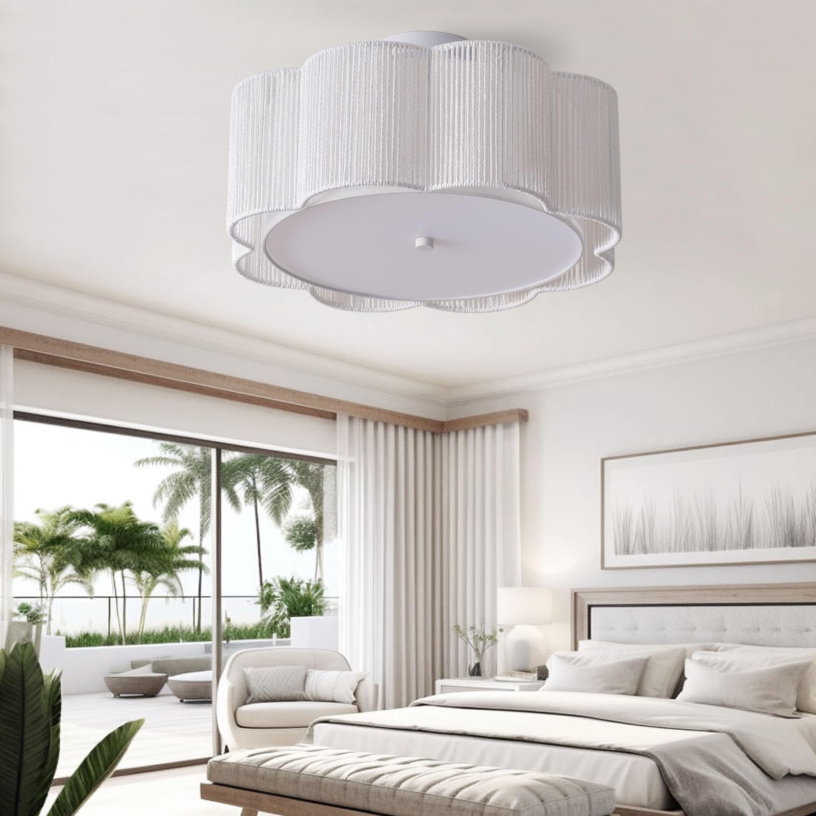 Giutna 17.7" Rattan Flush Mount Ceiling Light, 3-Light Boho Fixture, White, Model FLOWERLIGHT07