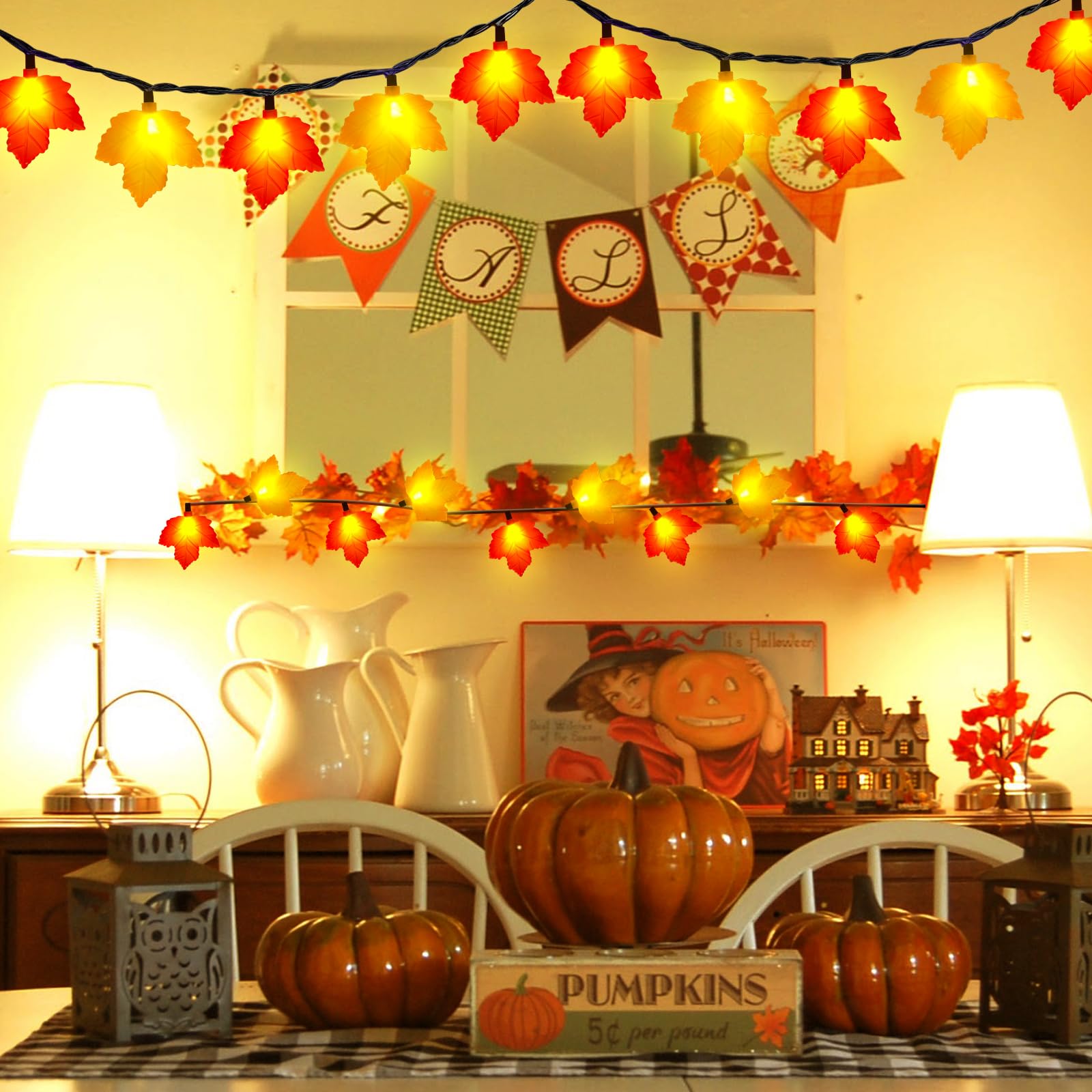 Fall Decor Maples Leaf String Lights, 8.5Ft Led Maple Leaf Lights With 10 3D Maple Leaf Fall Light, Plug In Fall Decorations For Indoor Outdoor Thanksgiving Christmas Halloween Harvest-Orange/Yellow