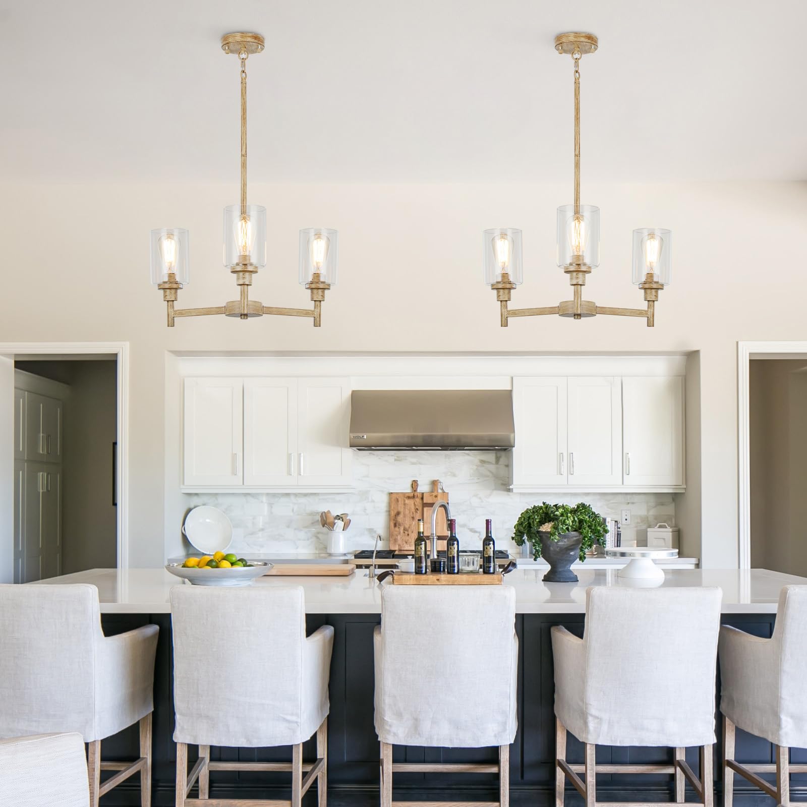 3 Light Farmhouse Chandelier | Rustic Chandeliers For Dining Room Light Fixtures |   Wood Hanging Lighting With Clear Glass Cover For Kitchen Island | Entryway | Bathroom | Corridor | Hallway