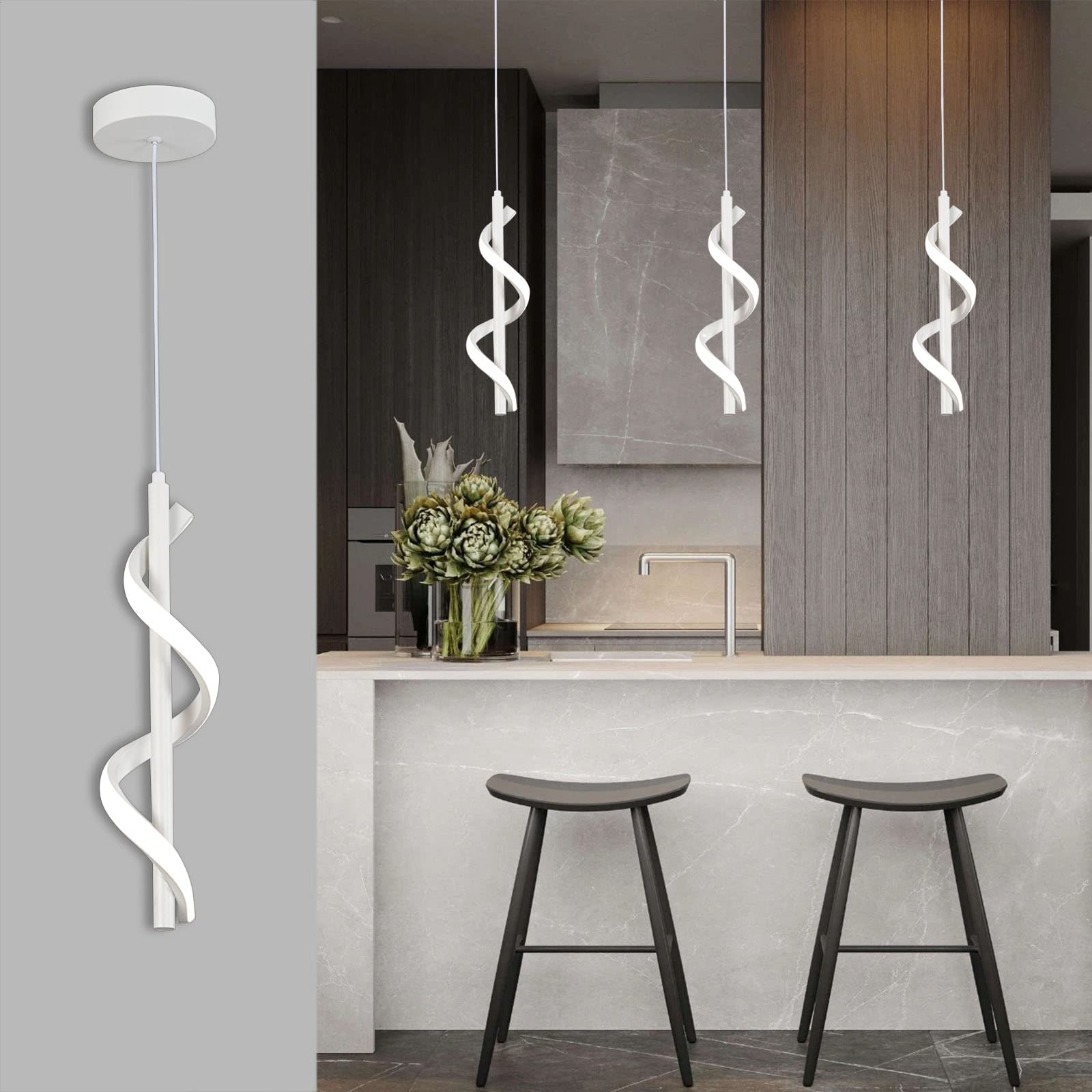 CANEOE 13W Modern Spiral LED Pendant Light Fixture, Cold White 5500K, Adjustable Hanging Lamp, Aluminum, White, Model 8748452959003