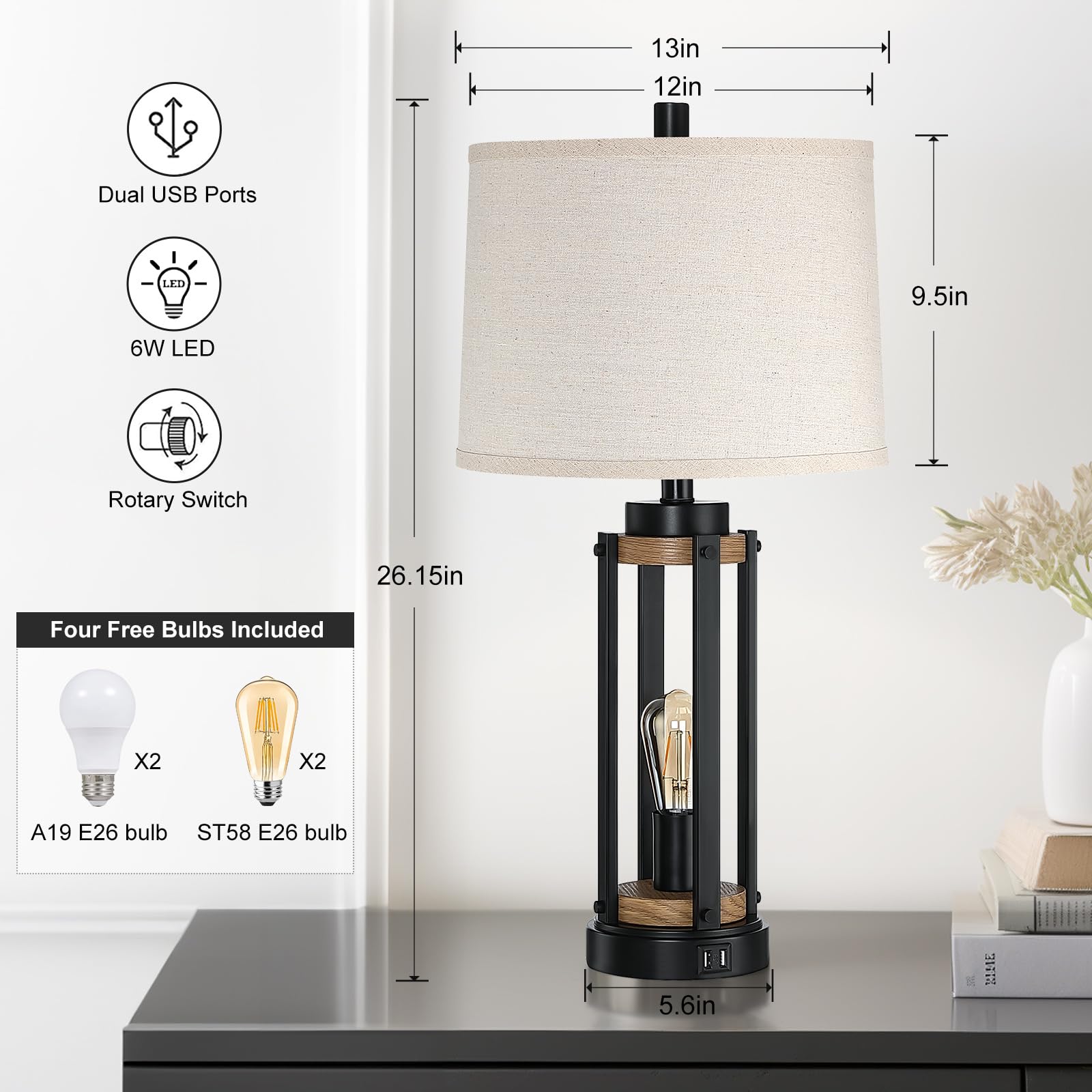 Altgedecor Farmhouse Table Lamps For Living Room Set Of 2, 26    Rustic Beside Lamps With Usb Charging Ports And Night Light, Be