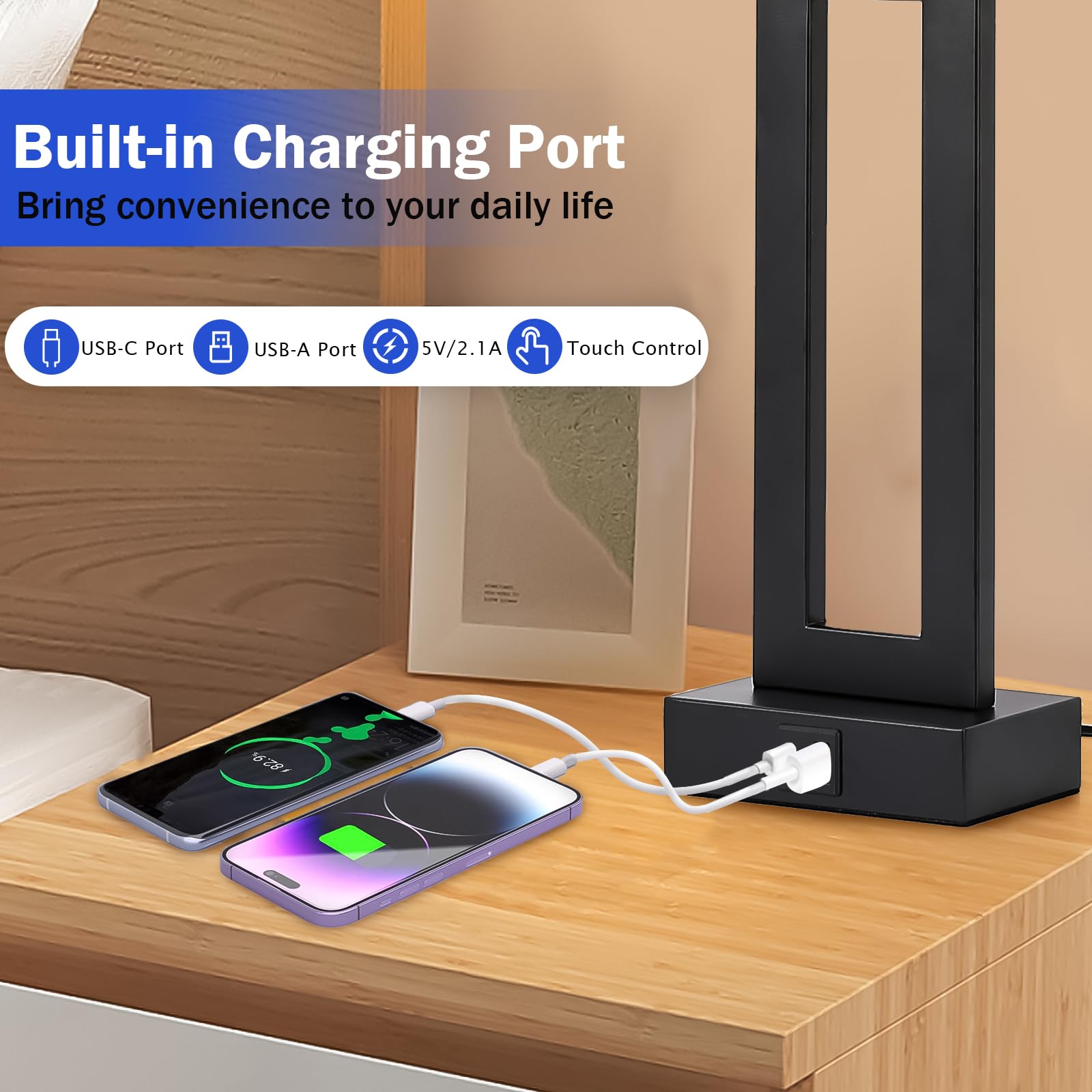Modern Nightstand Lamps Set Of 2 - Touch Control Bedside Table Lamps With Usb C&A, 3 Way Dimmable For Bedrooms & Living Room, Gr