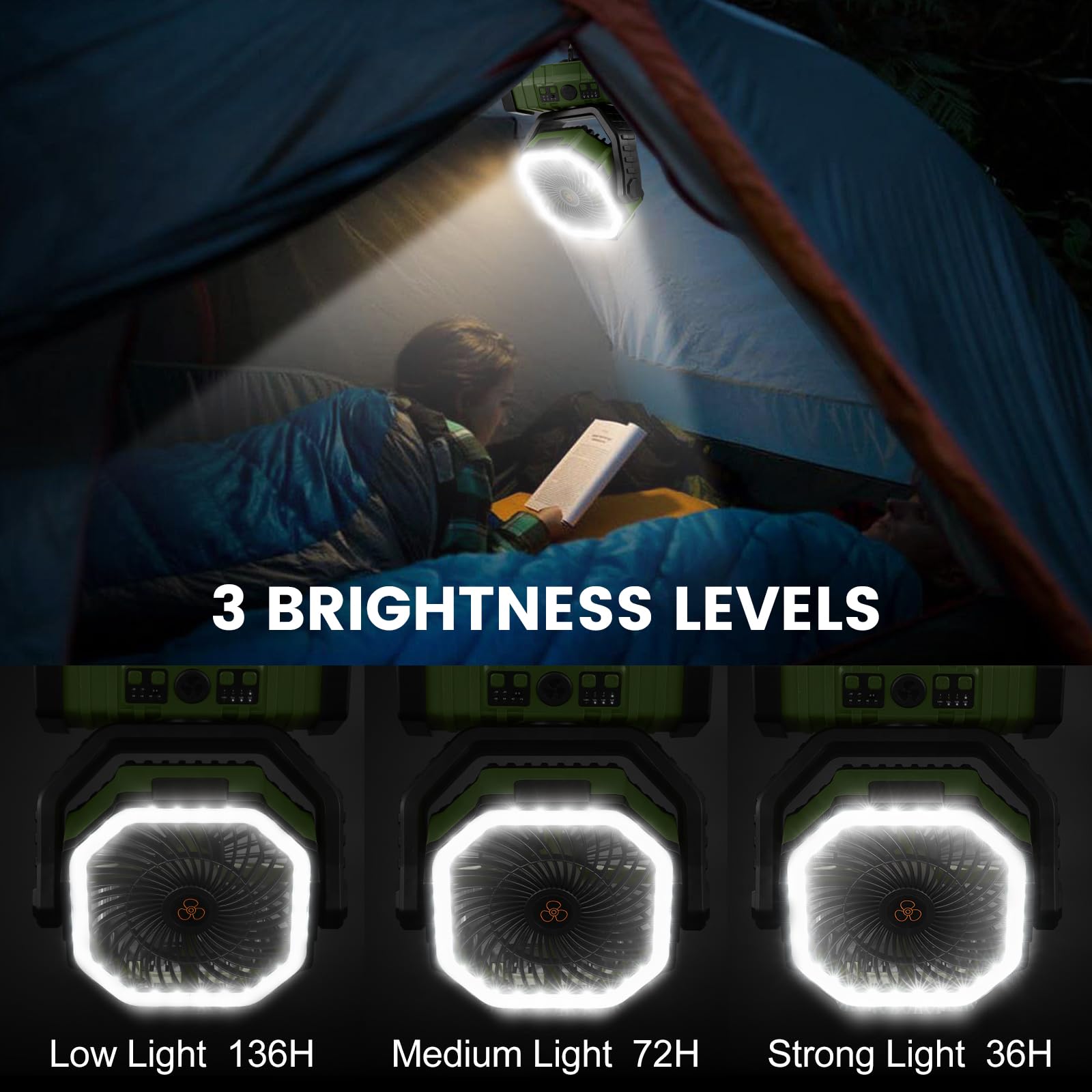 Odoland 30000mAh Camping Fan with LED Lantern, Oscillating, Remote, 11.2x8.7x4.3 inches, Green, Model OD0671G-
