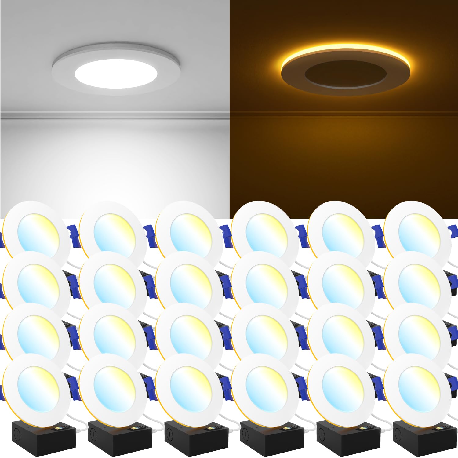 Sunco 24 Pack 4 Inch Ultra Thin LED Recessed Ceiling Lights, Dimmable, 900 LM, 5 CCT Options, Polycarbonate, Model DL_SL4_NL-W