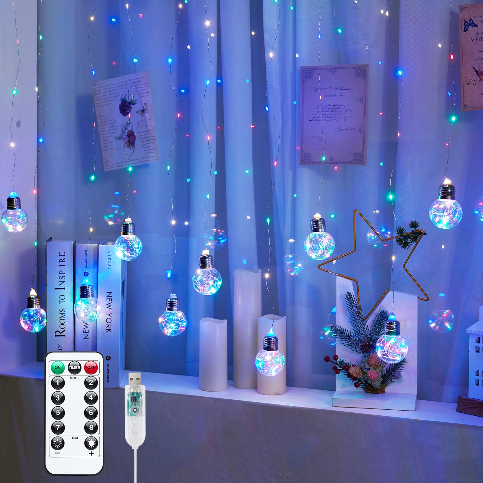 Minetom 185 LED Wishing Ball Curtain Lights - Fairy String Lights with Remote, USB Powered Waterproof for Christmas Wedding Party Bedroom Decoration, Multicolored