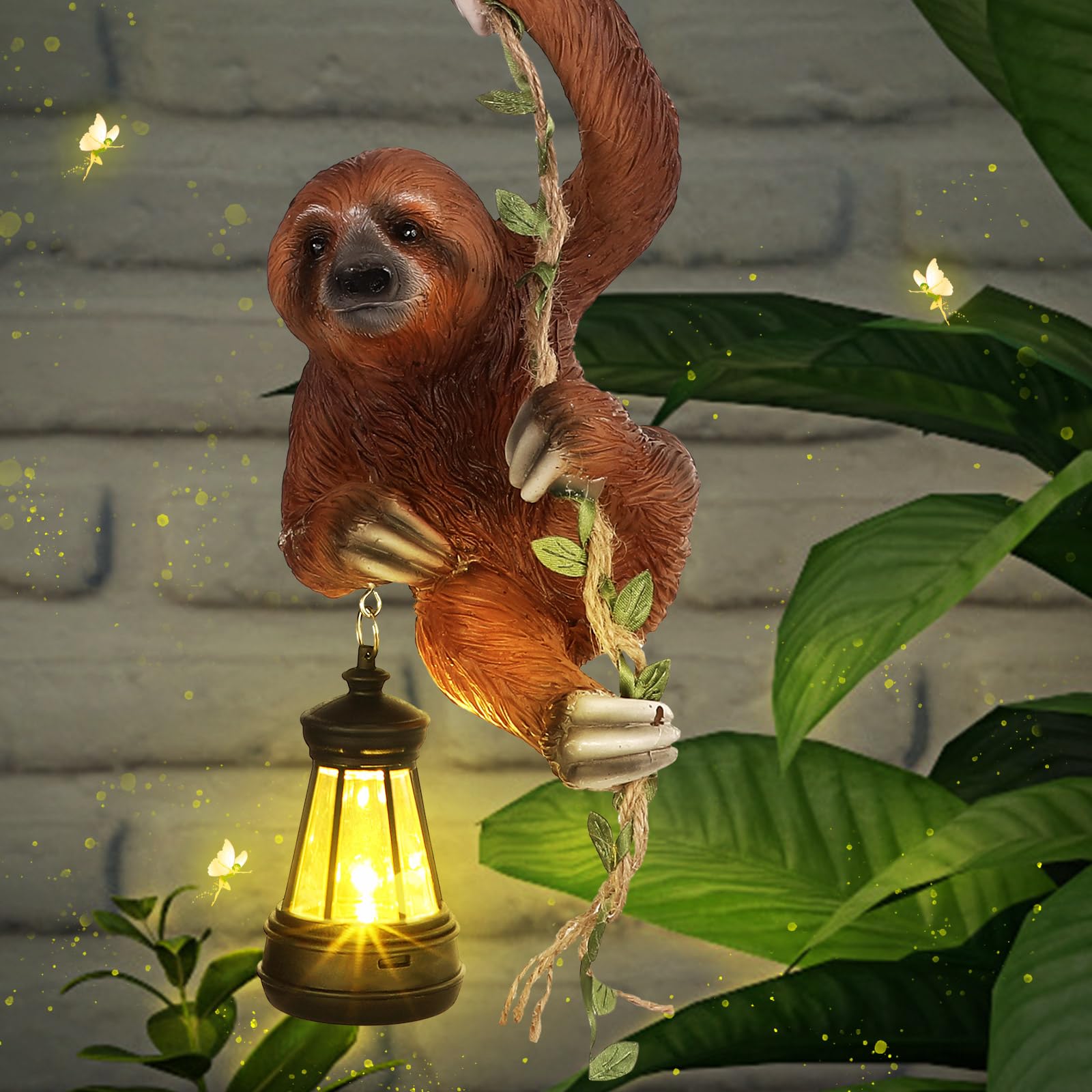 Mudder Solar Light Sloth Garden Statues 7.5 Resin Hanging Figurine Climbing on 24 L Vine with LED Lantern Decorative Sculpture