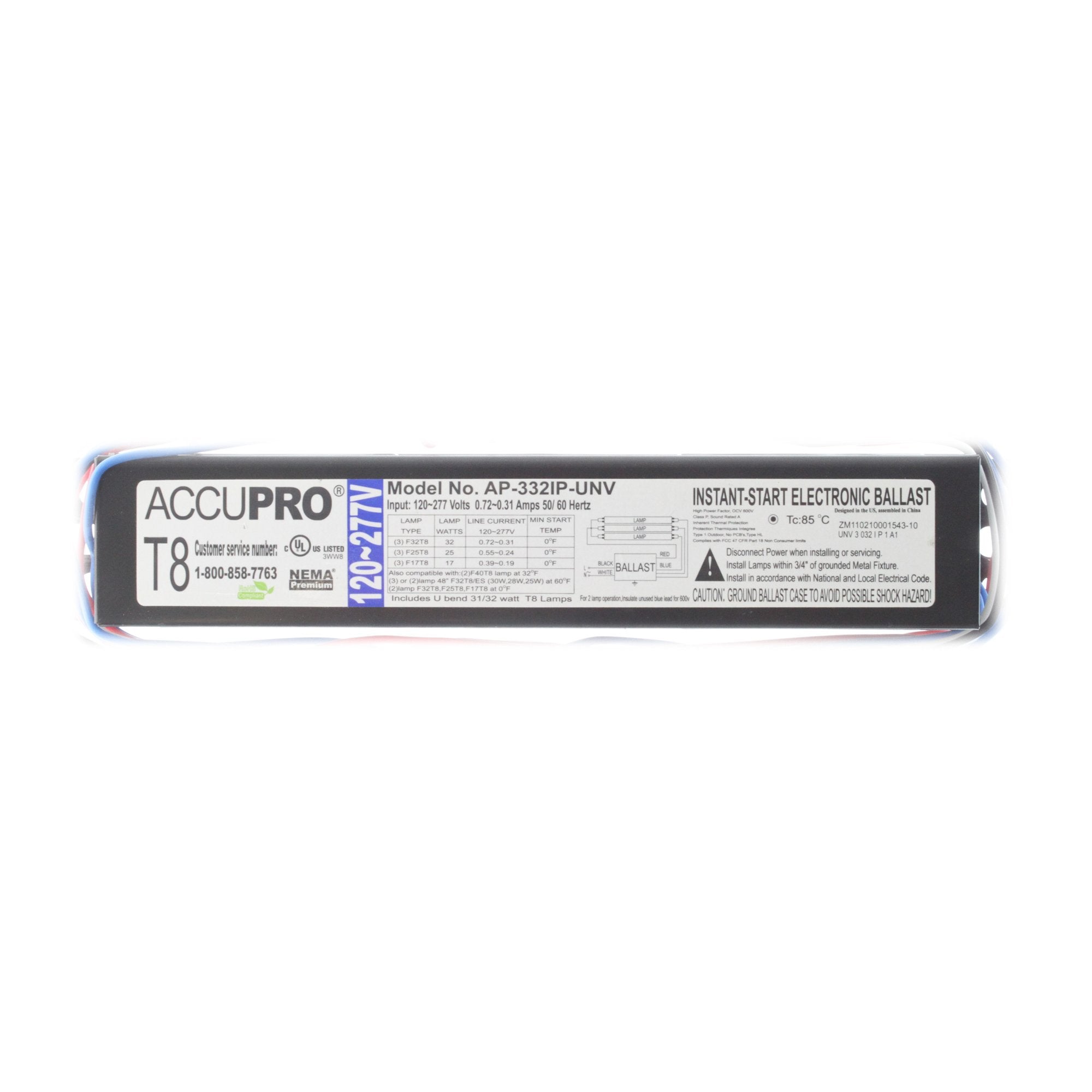 AccuPro AP-332IP-UNV Instant Electronic Ballast, 3-Lamp, F32T8, 32W T8, 120/277V