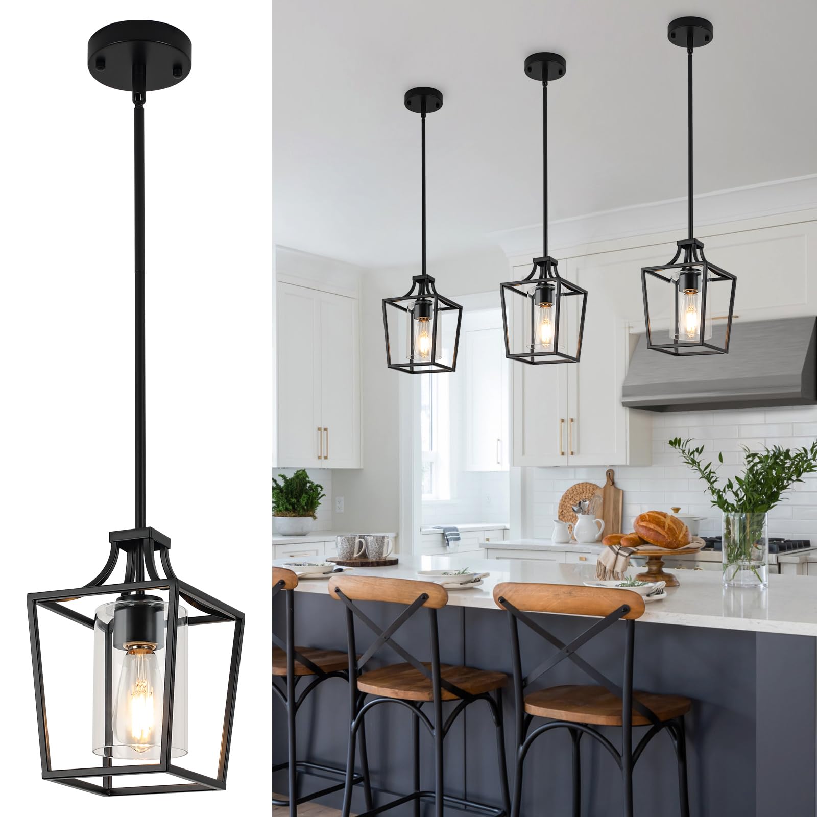 Foucasal Black Pendant Light Fixture Lantern with Clear Glass Shade, Adjustable Height Rods for Kitchen Island, Dining Room, Kit