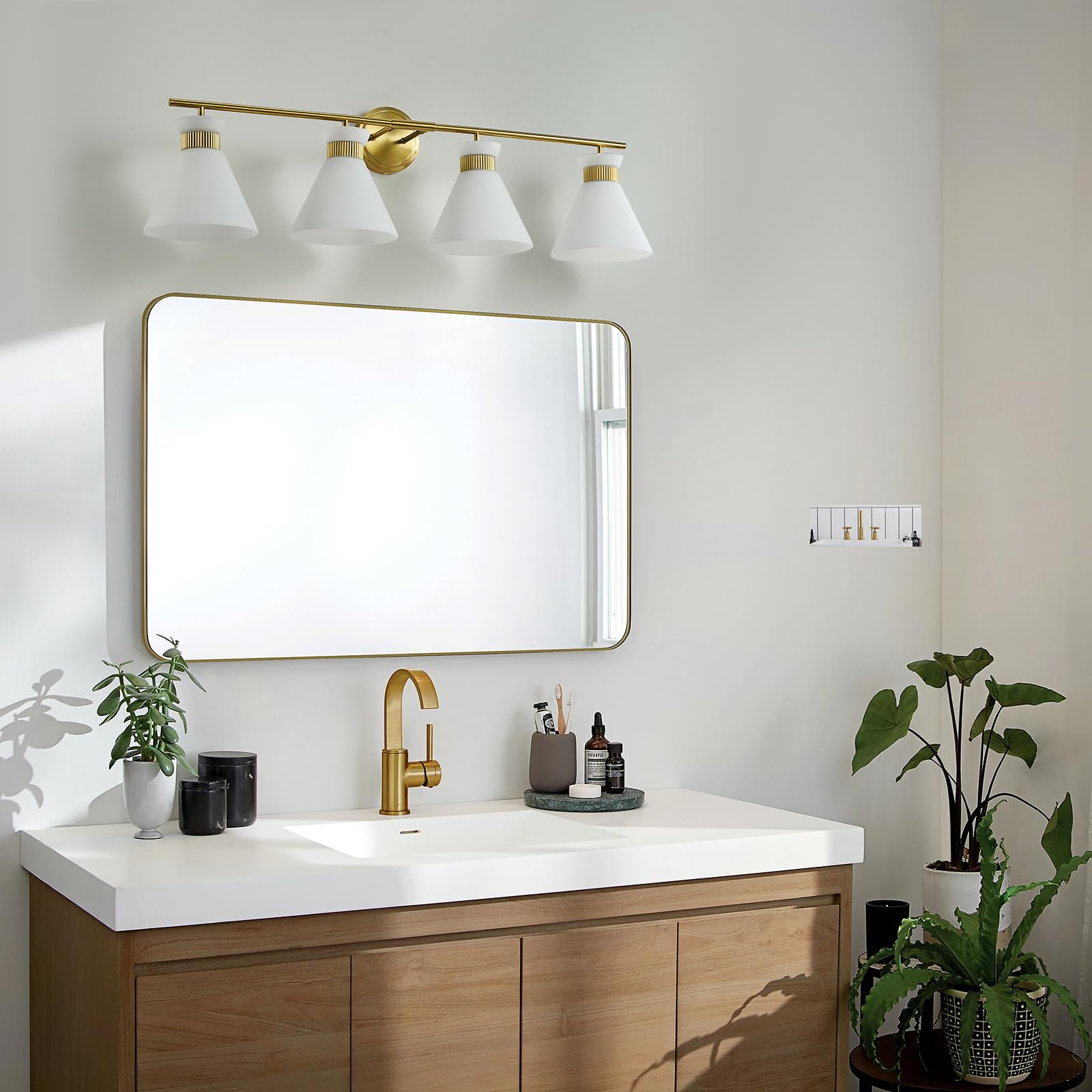 Woshitu Bathroom Vanity Light - 4-Bulb Mid Century Modern Sconce, Brass Gold, Frosted Glass, Metal, Over Mirror Lighting