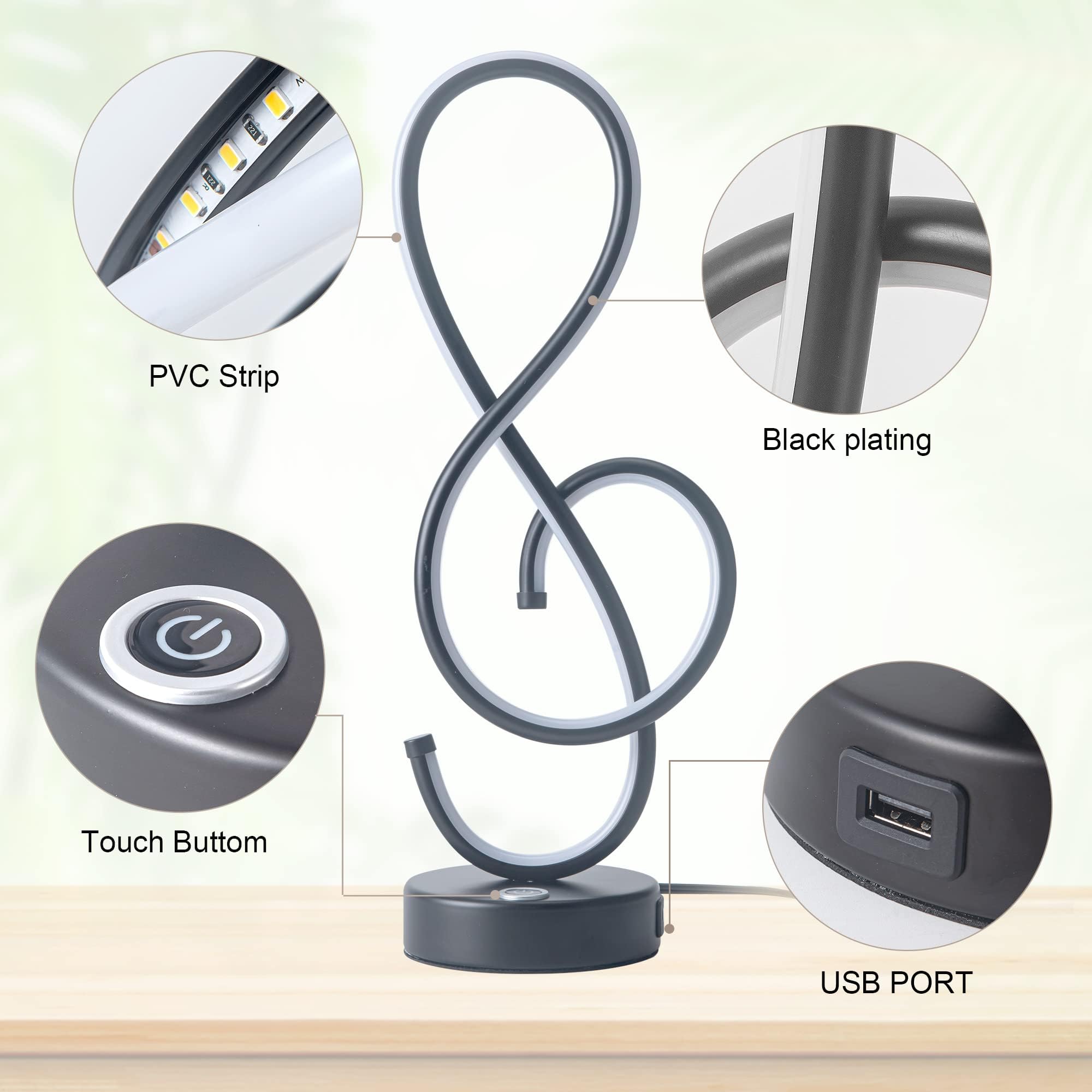 Adebime Modern Table Lamp, Led Bedside Lamp With Usb Port, Touch Stepless Dimmable Nightstand Light, Unique Musical Note Design,