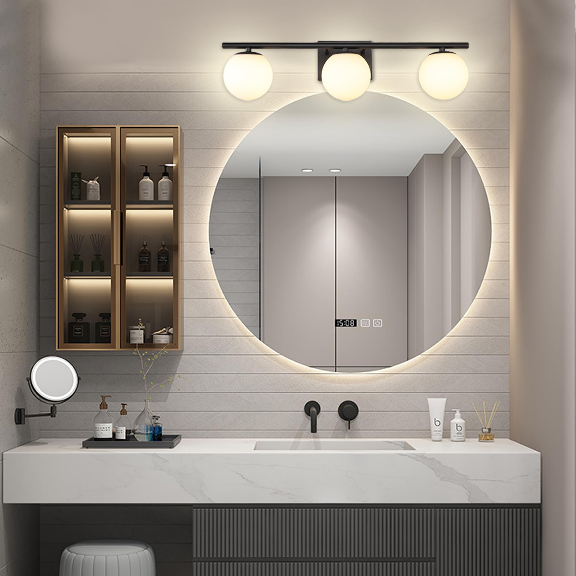 YHTlaeh Bathroom Vanity Light Fixture, Brushed Bronze, 3-Light, 24-Inch, G9, Milk White Globe Glass Shade, Modern Wall Sconce, Black