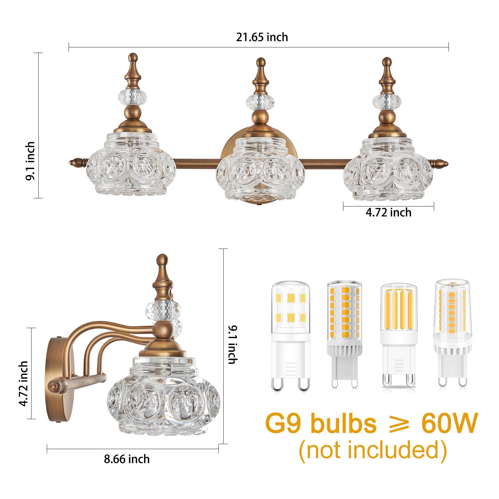 ZILANL Vintage Bathroom Vanity Light Fixture, 3-Light Brass, Crystal Shade, Model WJ-W885-3