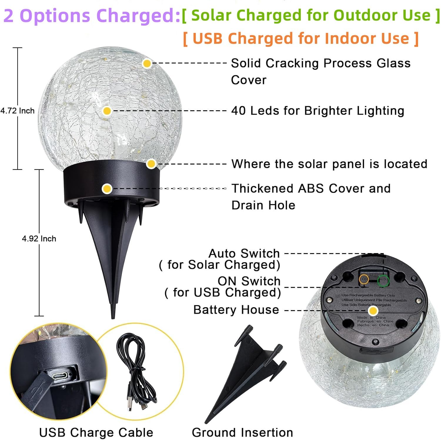 Beautyard Solar Globe Lights Outdoor Large Garden Decor Usb Charged 4.72'' Diameter 40Led 1000Mah Solar Lights Cracked Glass Glo