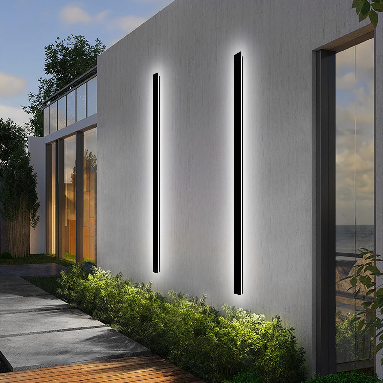 NKJORTPPL 2 Pack 92.5Inch Outdoor Wall Light for House, Modern Black Exterior Wall Sconce Wall Mount, Dimmable Rainproof Linear 