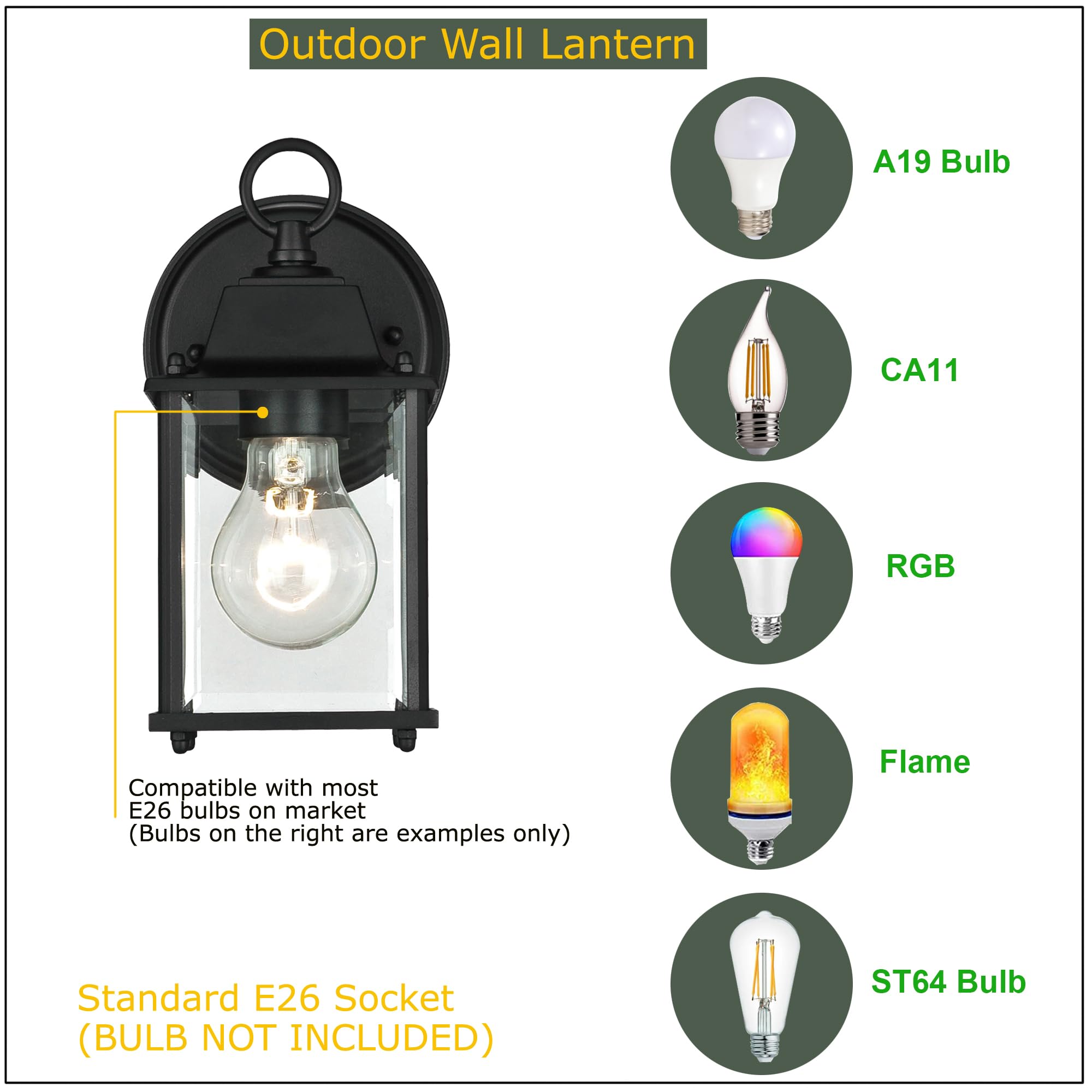 WISBEAM Outdoor Wall Lantern 2 Pack, Black Waterproof Aluminum Sconce, ETL Qualified, Model WS-WL001