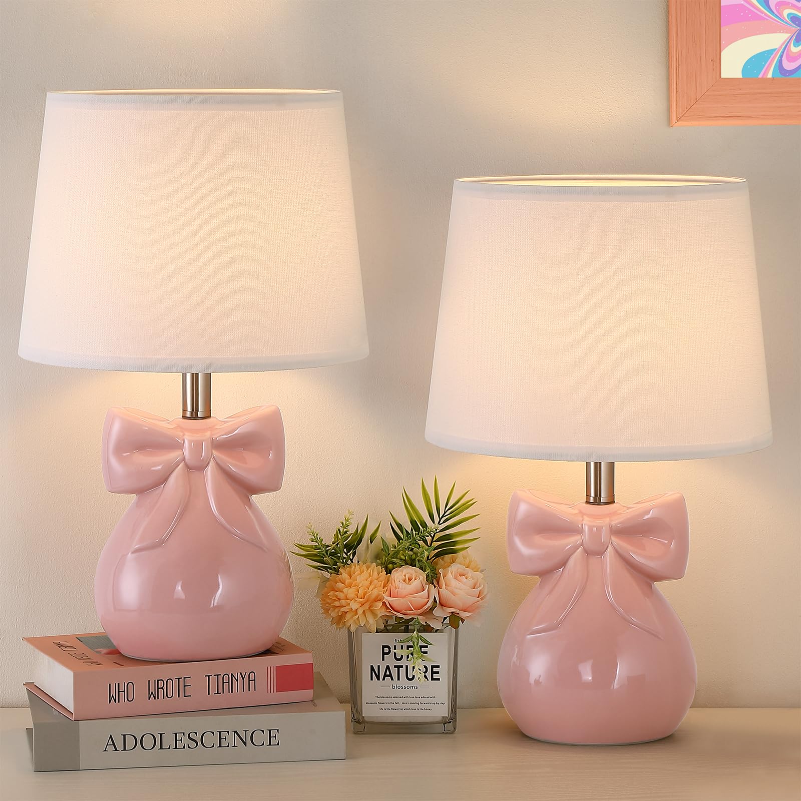 Hapcrea Pink Bow Table Lamps Set of 2 for Girls Room  19 Ceramic Cute Lamps for Bedroom  Classic Bedside Lamps for Nightstand  Modern Table Lamp for Living Room with Rotary Swtich (Bulbs Included)