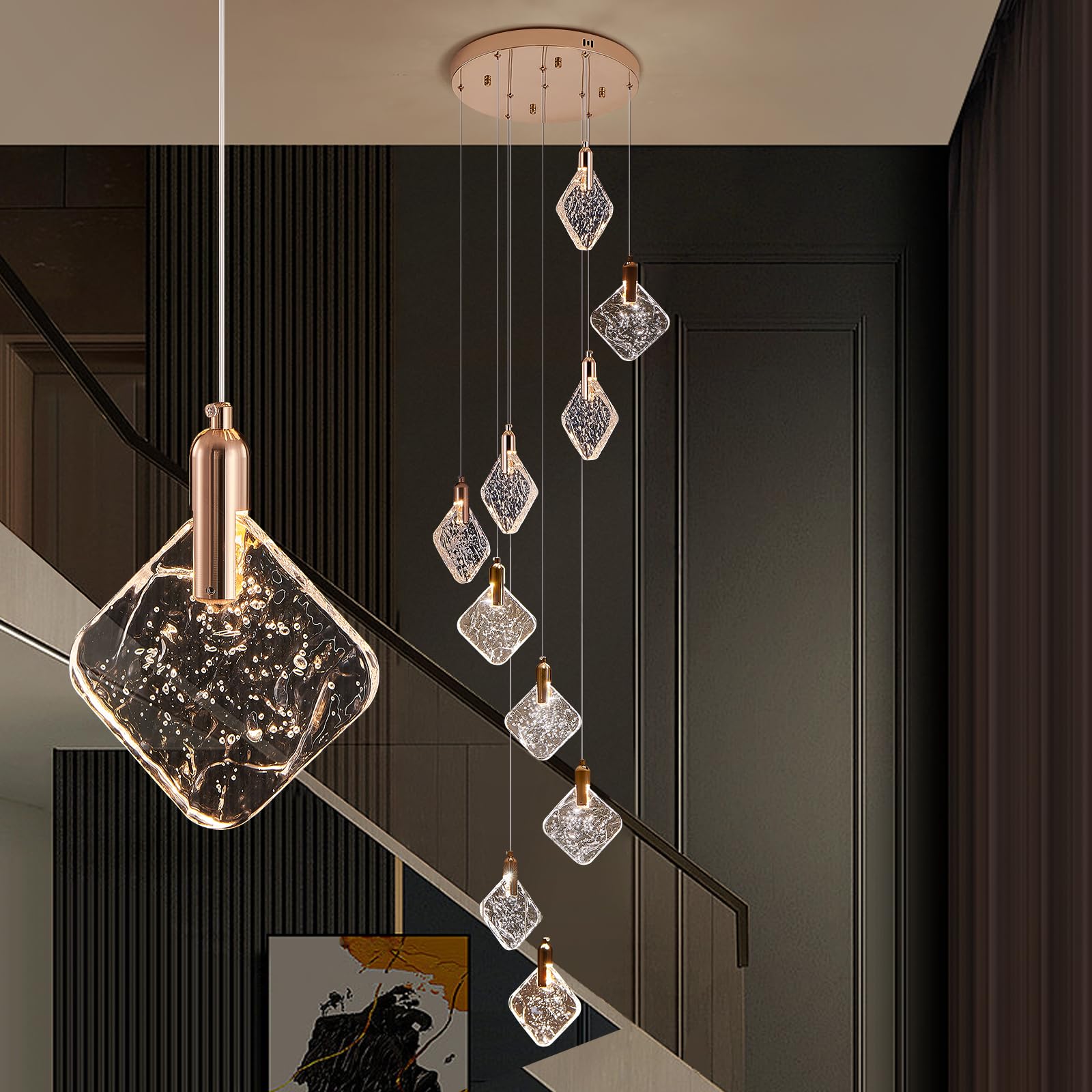 Kokaizeeki Staircase Crystal Chandelier 10-Light Pendant Light, Modern Square Led H118 High Hanging Ceiling Fixture With Gold Ba