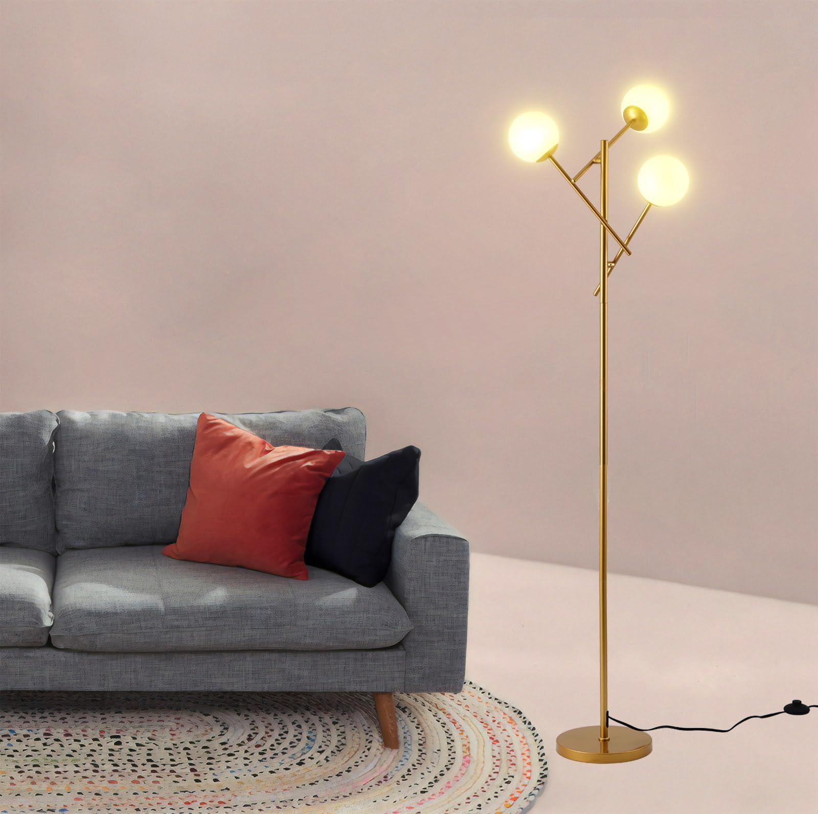 Fiqevs 3 Globe Mid Century Floor Lamp - Modern Gold With Rotatable Glass Shades, Led Bulbs