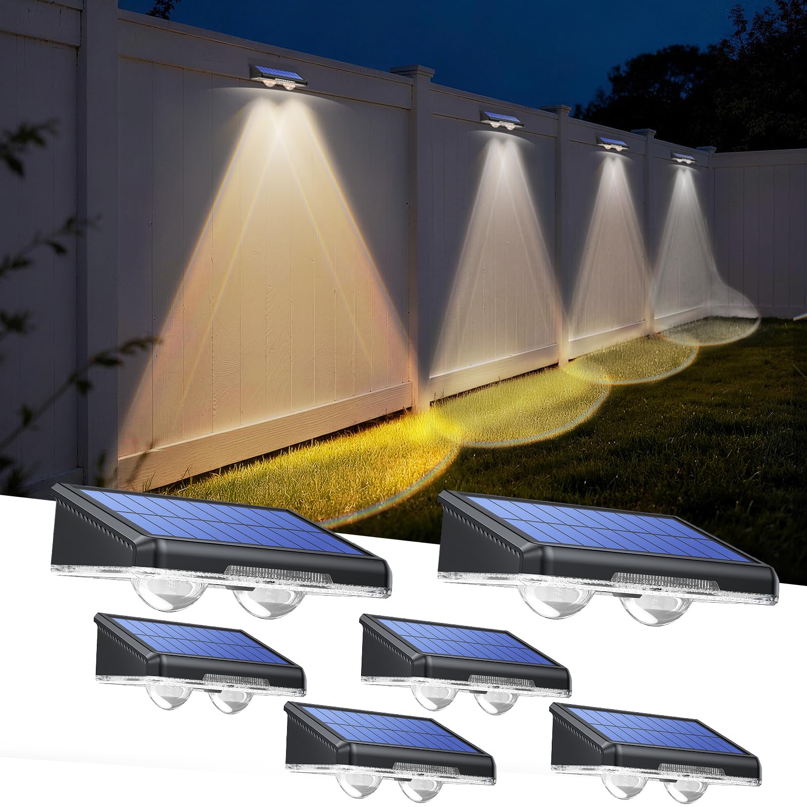 TECKNET Solar Fence Lights Outdoor 6 Pack  3 Modes 3500K/4500K/6500K  IP66 Waterproof LED Deck Light  Dusk to Dawn Fence Lights Solar for Wall  Railing  Step  Patio  Pool  Backyard  Outside