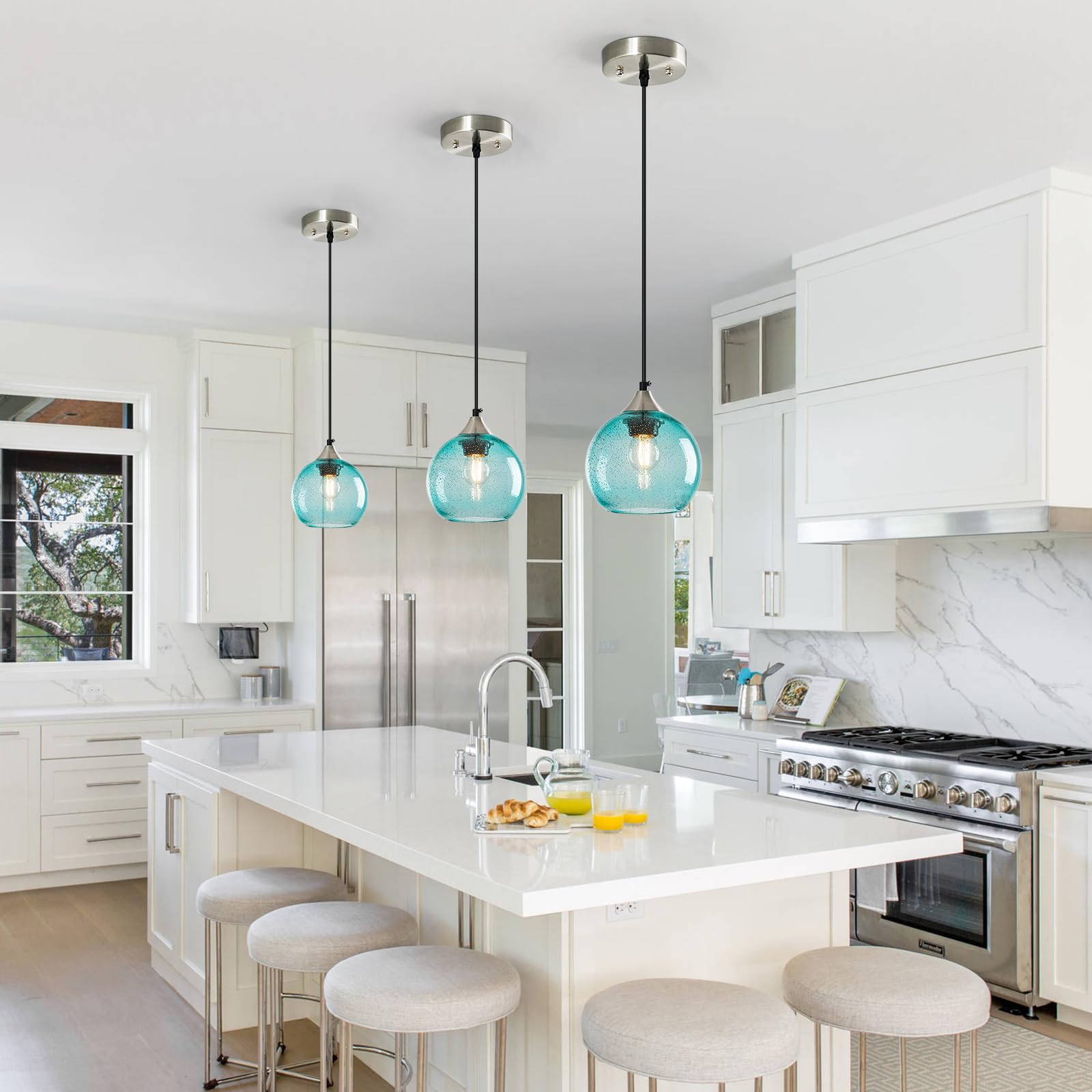 Lbsqj Light Blue Glass Pendant Lights Kitchen Island Globe Pendant Light Fixtures Modern Pendant Lighting For Bedroom Living Dining Room Light Fixture (5.9 In  3 Pack)