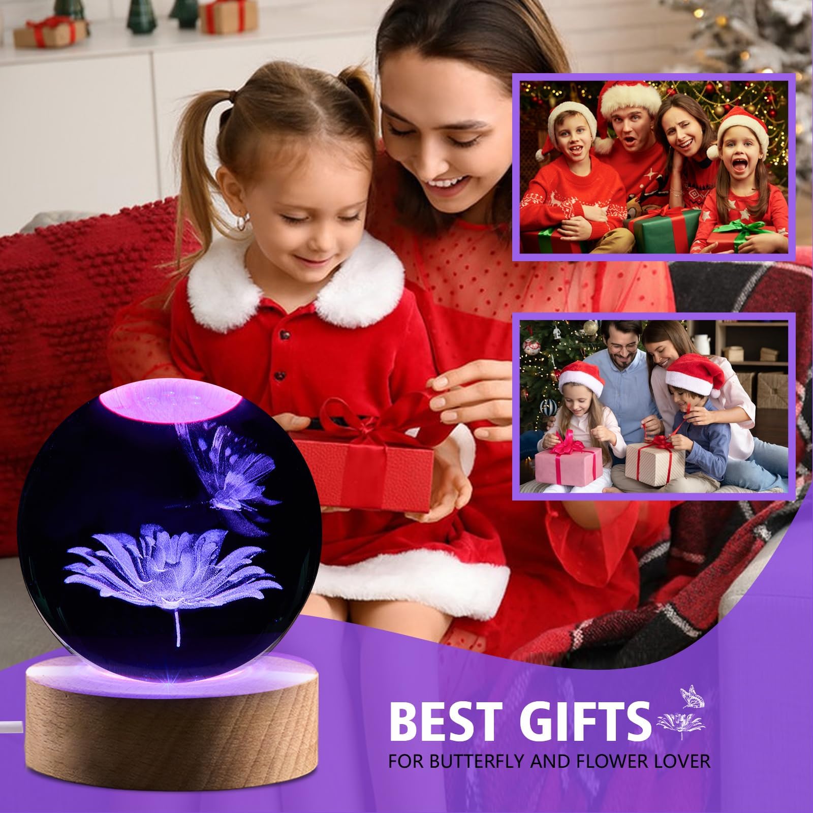Butterfly Gifts For Women, 3.15In 3D Butterfly Flower Crystal Ball Lamp With Remote, Butterfly Night Light, Butterfly Decor, But