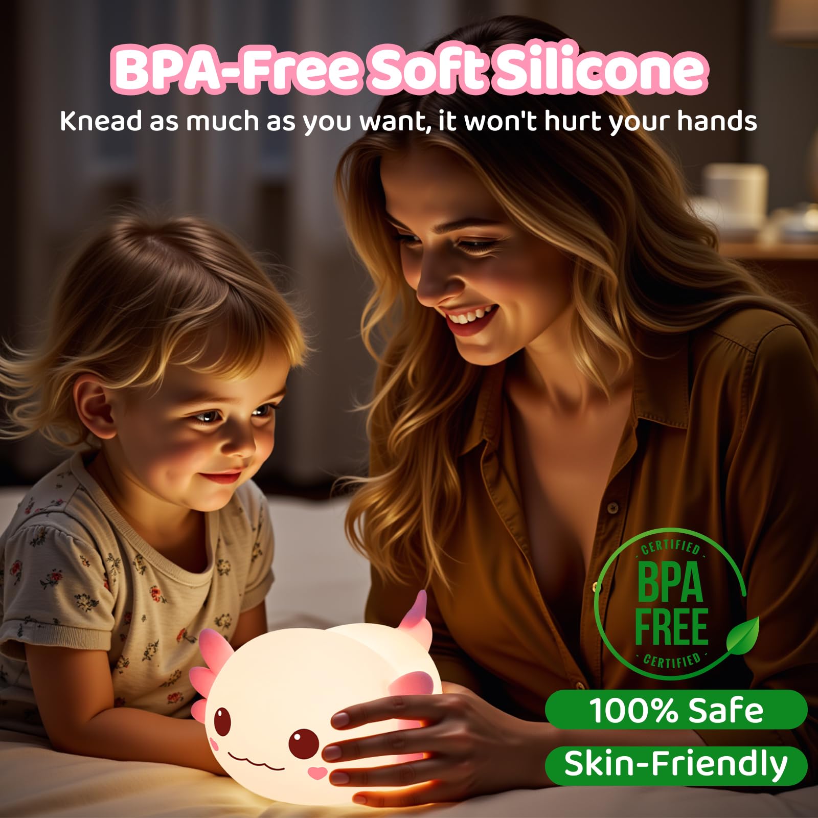 Caaaat Axolotl Night Light for Kids, 2 Level Dimmable Lamp, Huggwaii Silicone Kids Night Light, Cute Bedside Touch nightlight,12