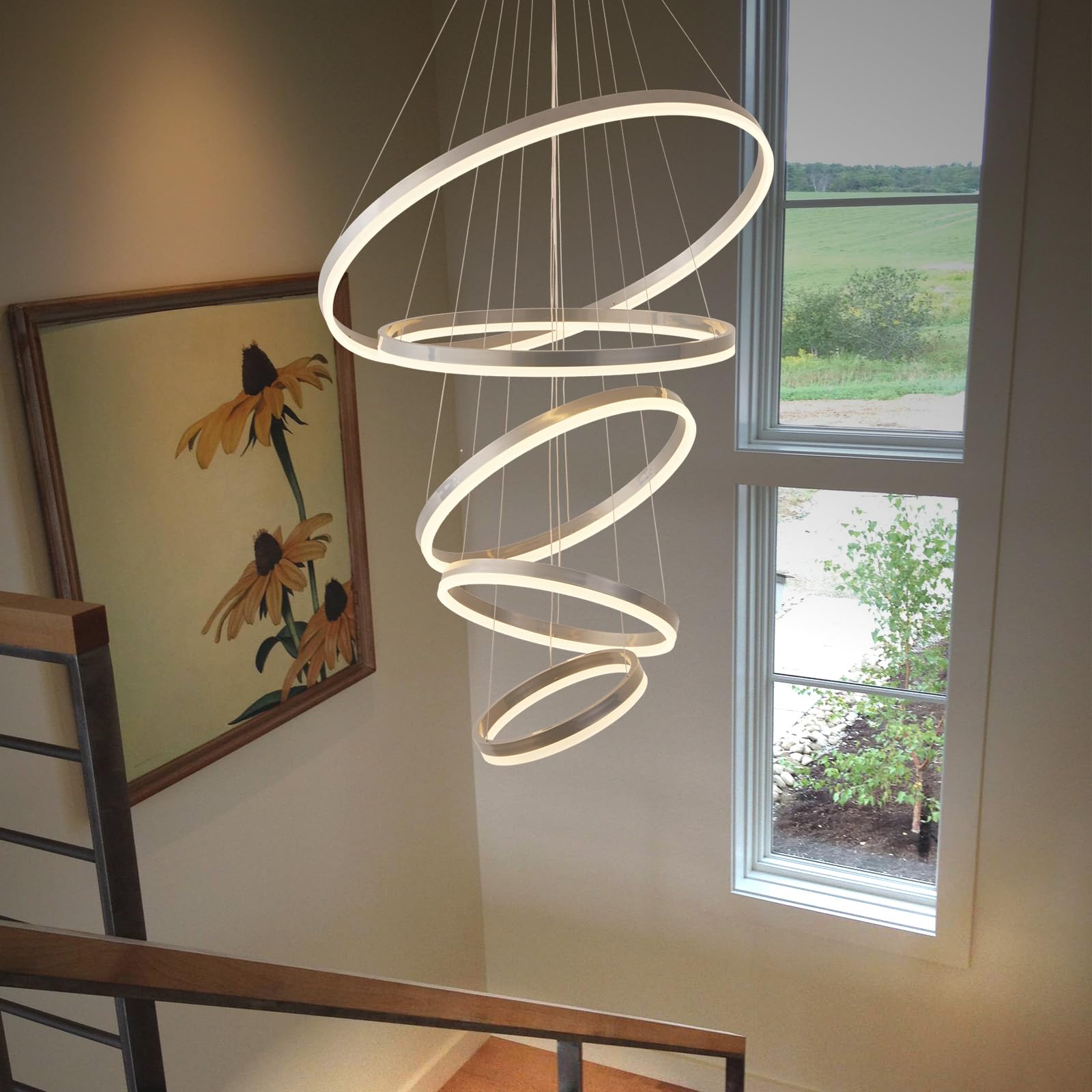 Modern Chandelier,Dimmable Modern Led Chandelier 5 Rings Chandelier For High Ceiling Dining Room Light Fixture,Contemporary Modern Led Pendant Light,High Ceiling Chandelier Light Fixture With Remote
