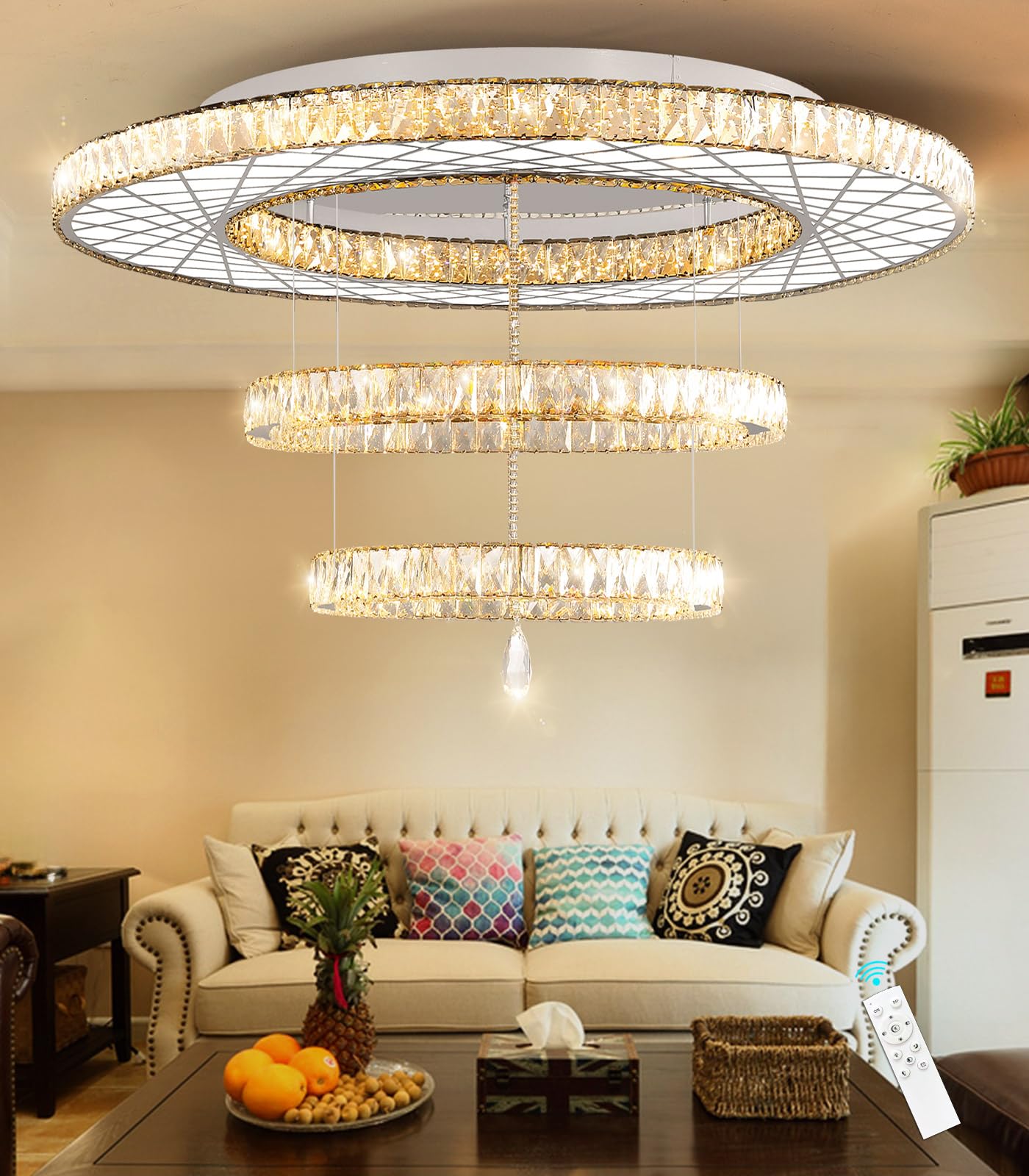 HAIXIANG 48" Gold Crystal Chandelier Ceiling Light, Dimmable LED, Luxury Living Room Fixture, Model MMQ3831