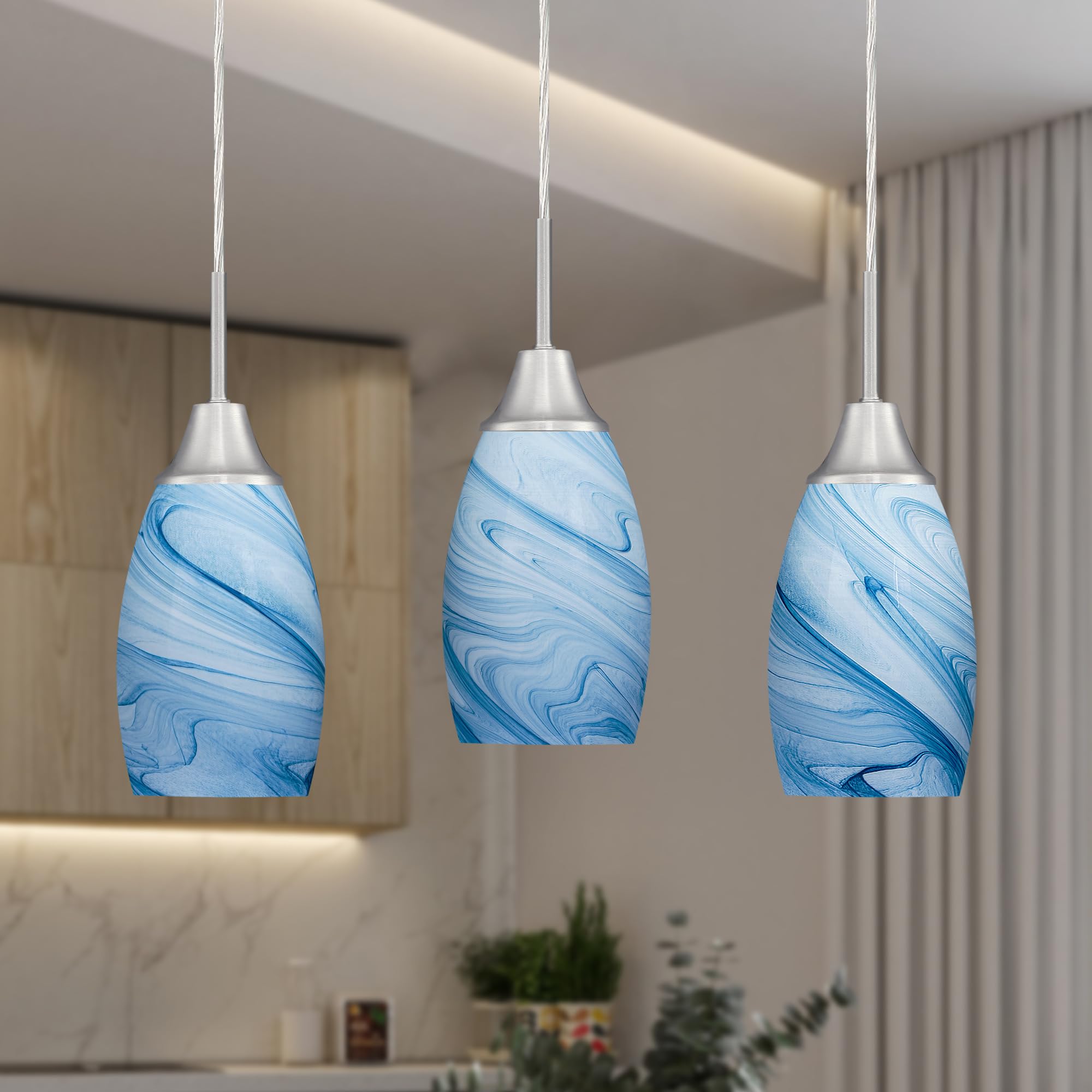 Viinew Mini Glass Pendant Light, Blue Marble Shade, Adjustable Cord, 3 Pack, Brushed Nickel Finish