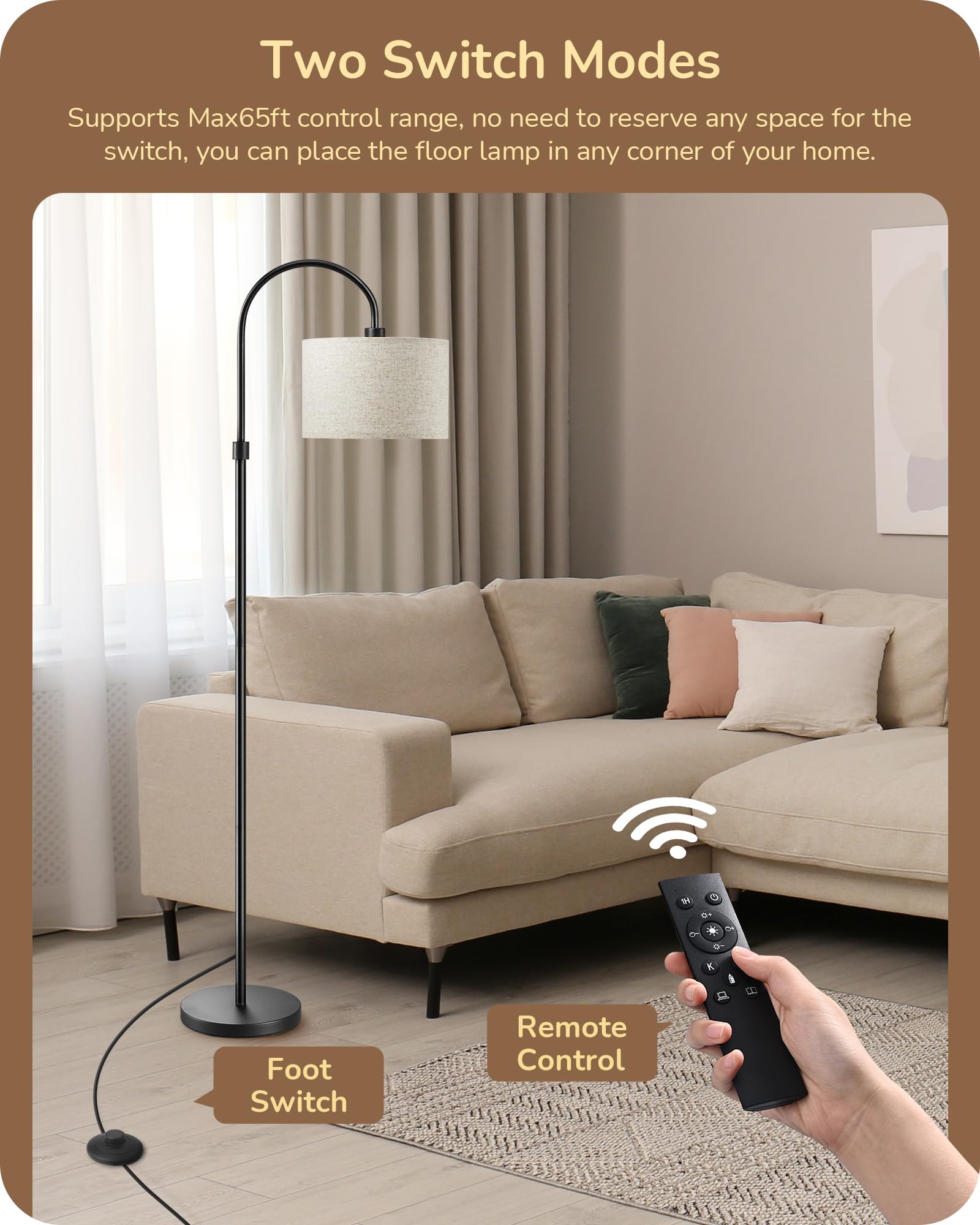 Edishine Dimmable Floor Lamp With Remote Control, Modern Arc Standing Lamp, 3000K-6500K Color Temperatures, Reading Light For Li