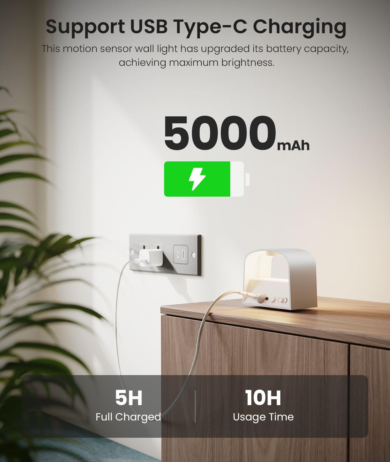 FULEN Motion Sensor Wall Light, LED Indoor Sconce, 5000mAh Battery, Brightness Adjustable, White, 2 Pack, Model WL04