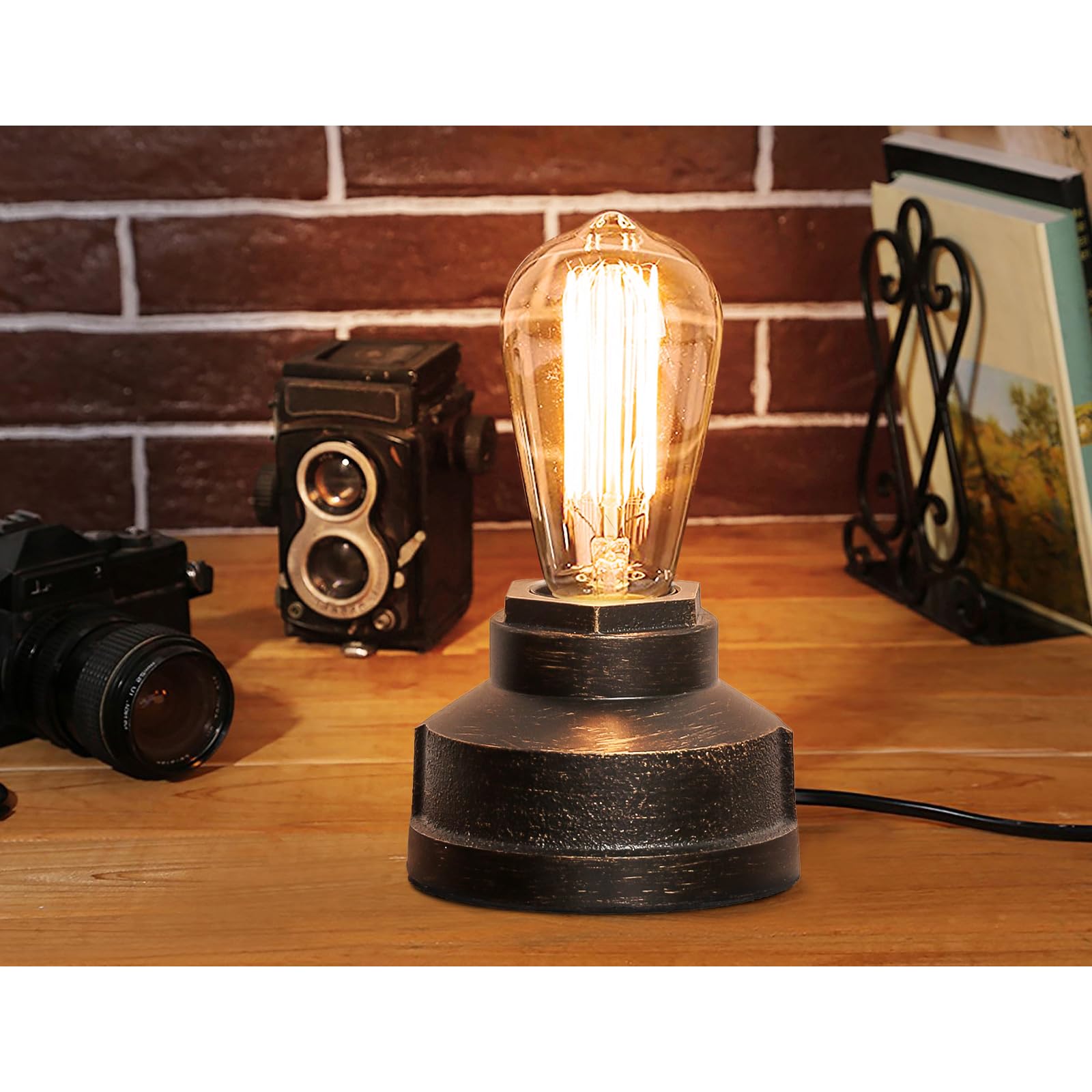 Boncoo Vintage Touch Control Table Lamp, Dimmable Edison Base, Black with Brushed Gold, 4.13in(D)*2.83in(H), Ideal for Bedroom & Living Room