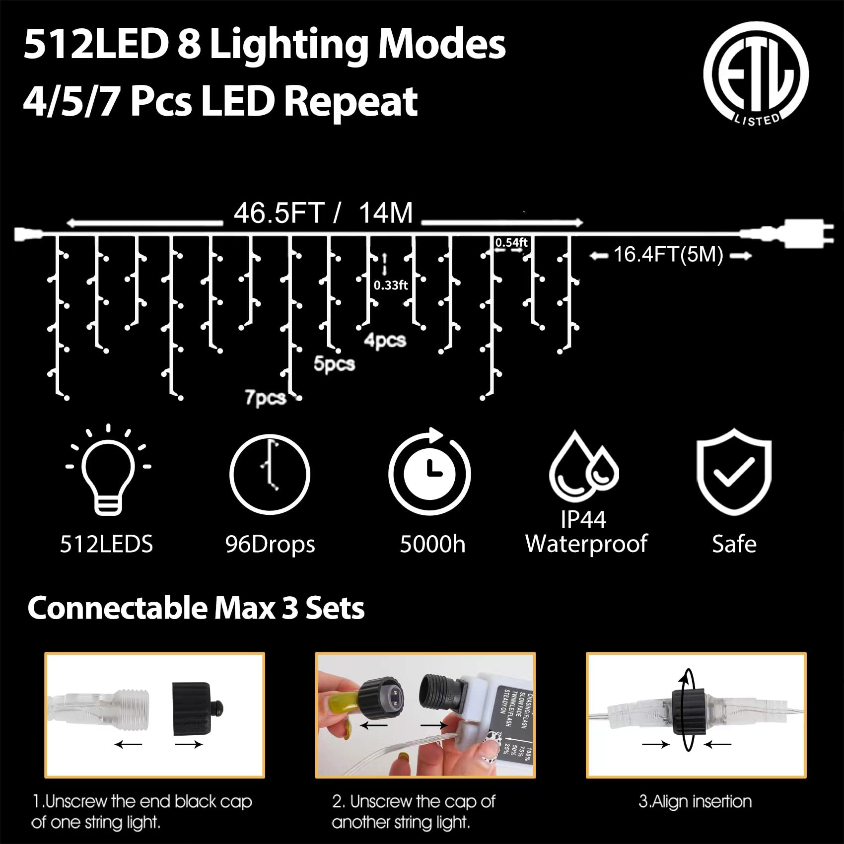 Christmas Icicle Lights Outdoor Decorations 640 Led 65.6 Ft Icicle String Lights With 120 Drops, 8 Modes Curtain Fairy Icicle Lights For Christmas Wedding Party Eaves Patio Yard (Warm White)