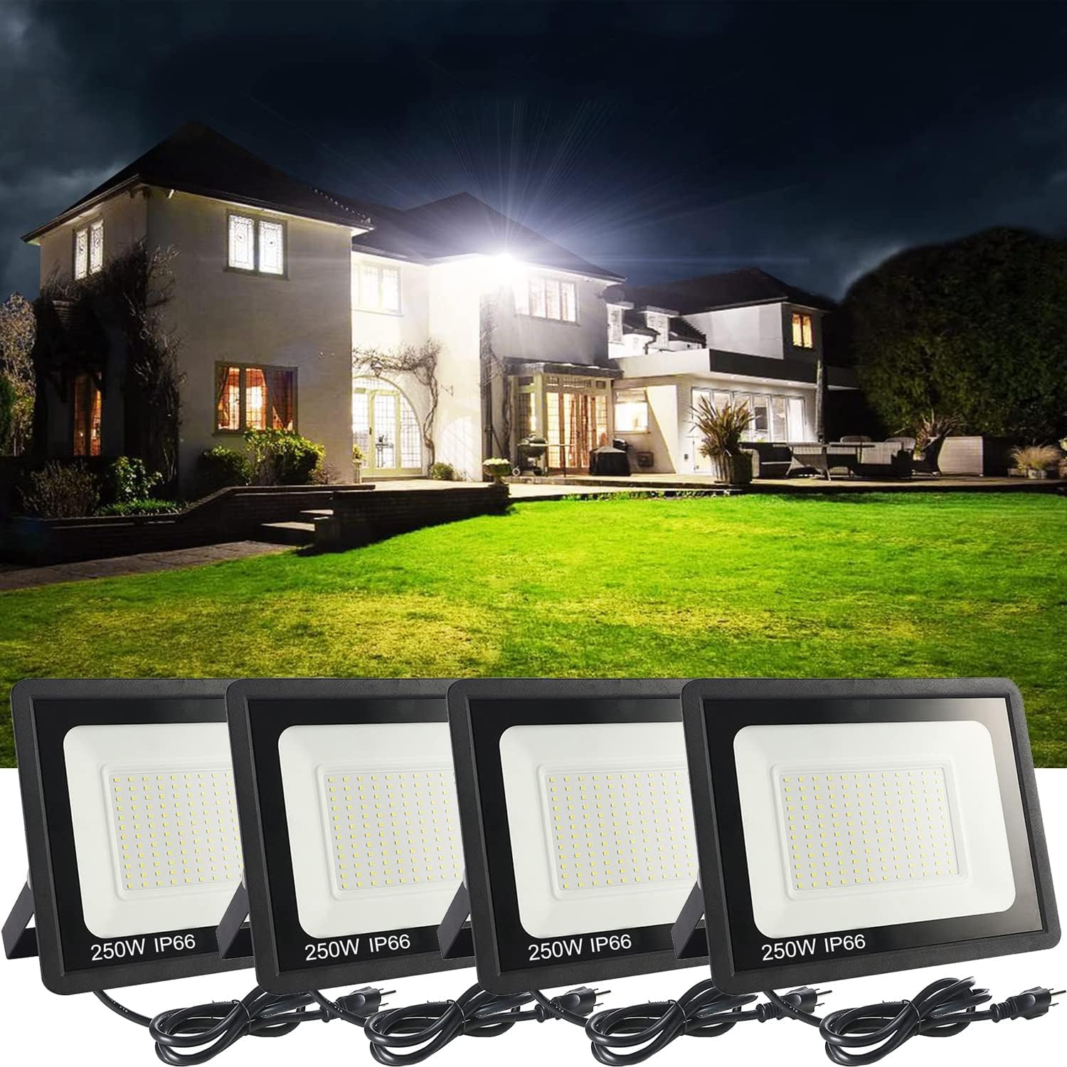 MUCLUD 4Pack LED Flood Light Outdoor,250W LED Work Light 25500lmwith 6FT US Plug,IP66 Waterproof Exterior Security Lights,6000K