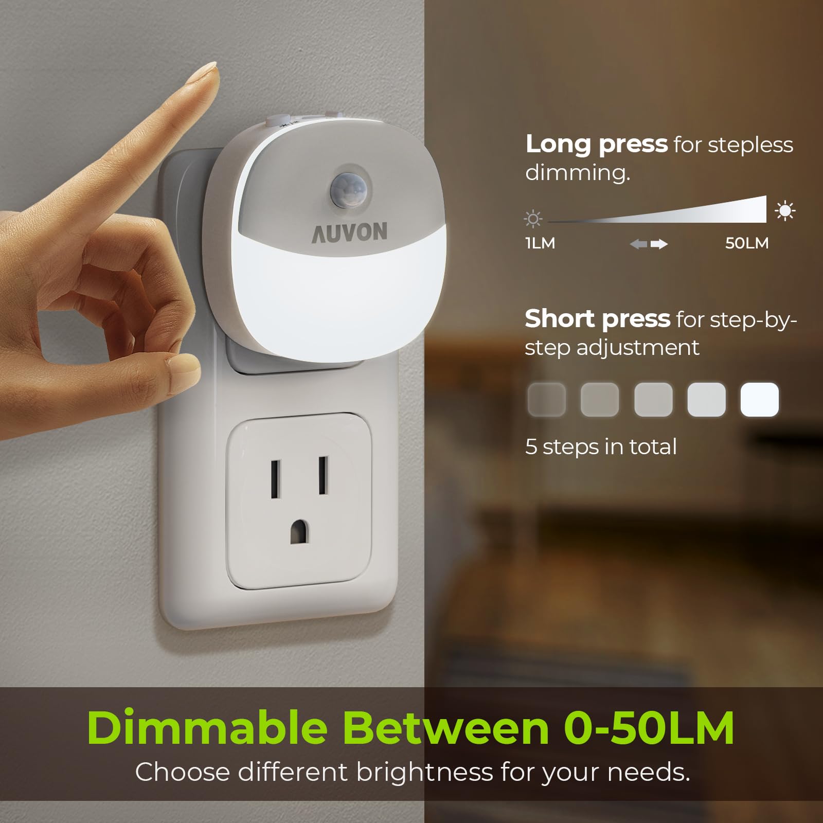 AUVON Plug-in Motion Sensor Night Light, Mini Cool White LED with Dusk to Dawn, 1-50 lm Adjustable Brightness, 4 Pack for Home Use