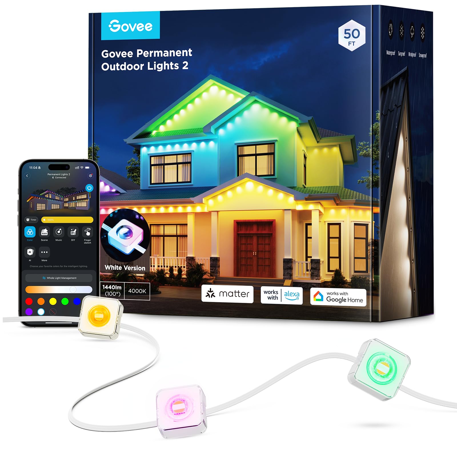 Govee RGBIC Outdoor Lights, 150ft, IP67 Waterproof, 108 LEDs, Works with Alexa & Google Assistant, White, Model H705F