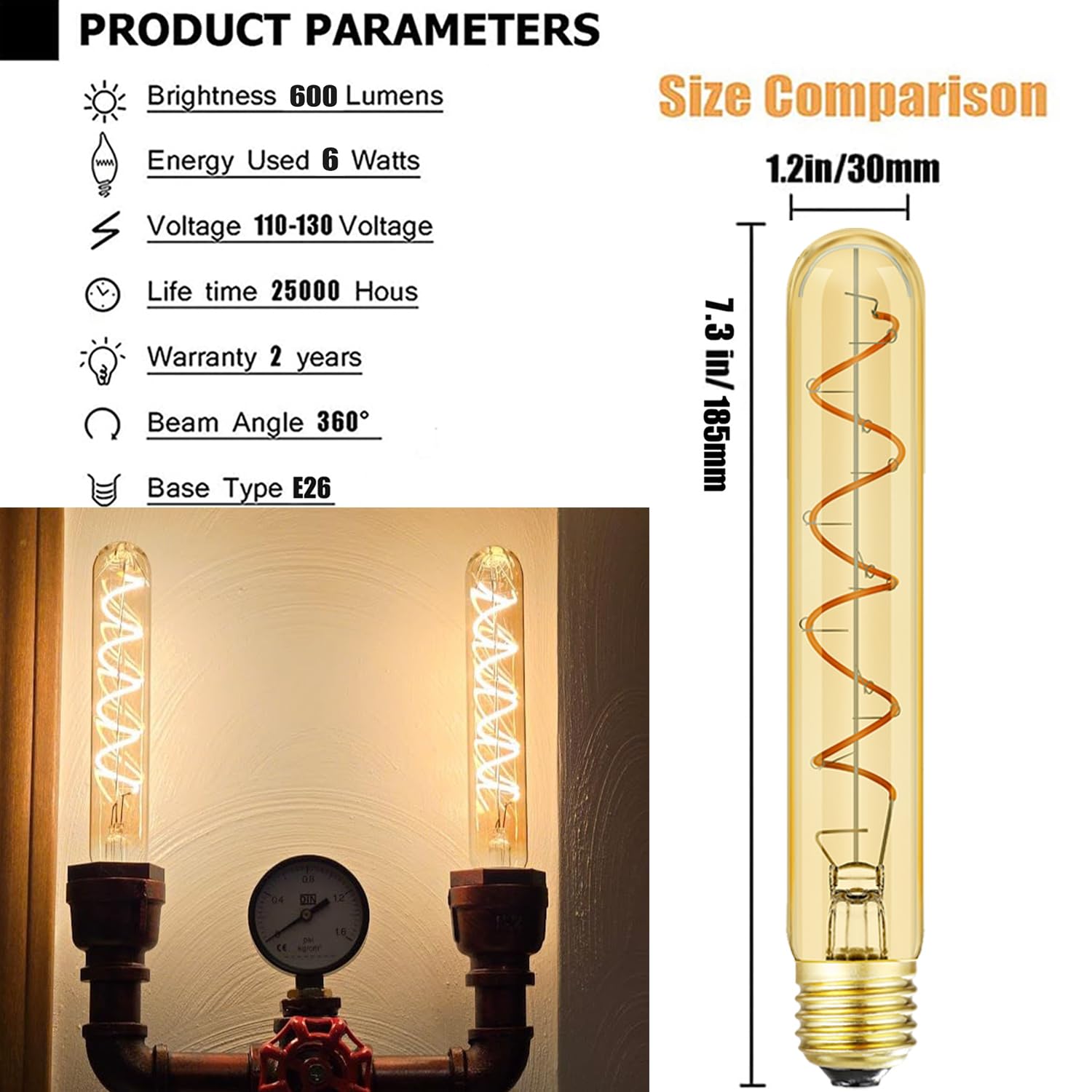 Leools T10 Vintage Led Edison Light Bulbs 60 Watt, 4-Pack Dimmable T30 6W2200K Amber Warm Light Bulbs, E26 Base, 6W Led Equal 60