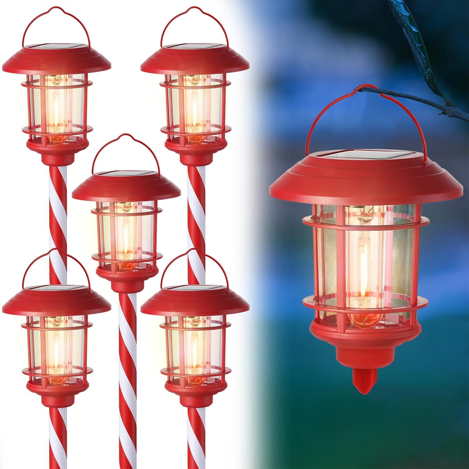 Dynaming 6 Pack Dual Use Solar Christmas Path Lights Outdoor, Hanging Lantern Solar Garden Light with Edison Bulb, Xmas Pathway 