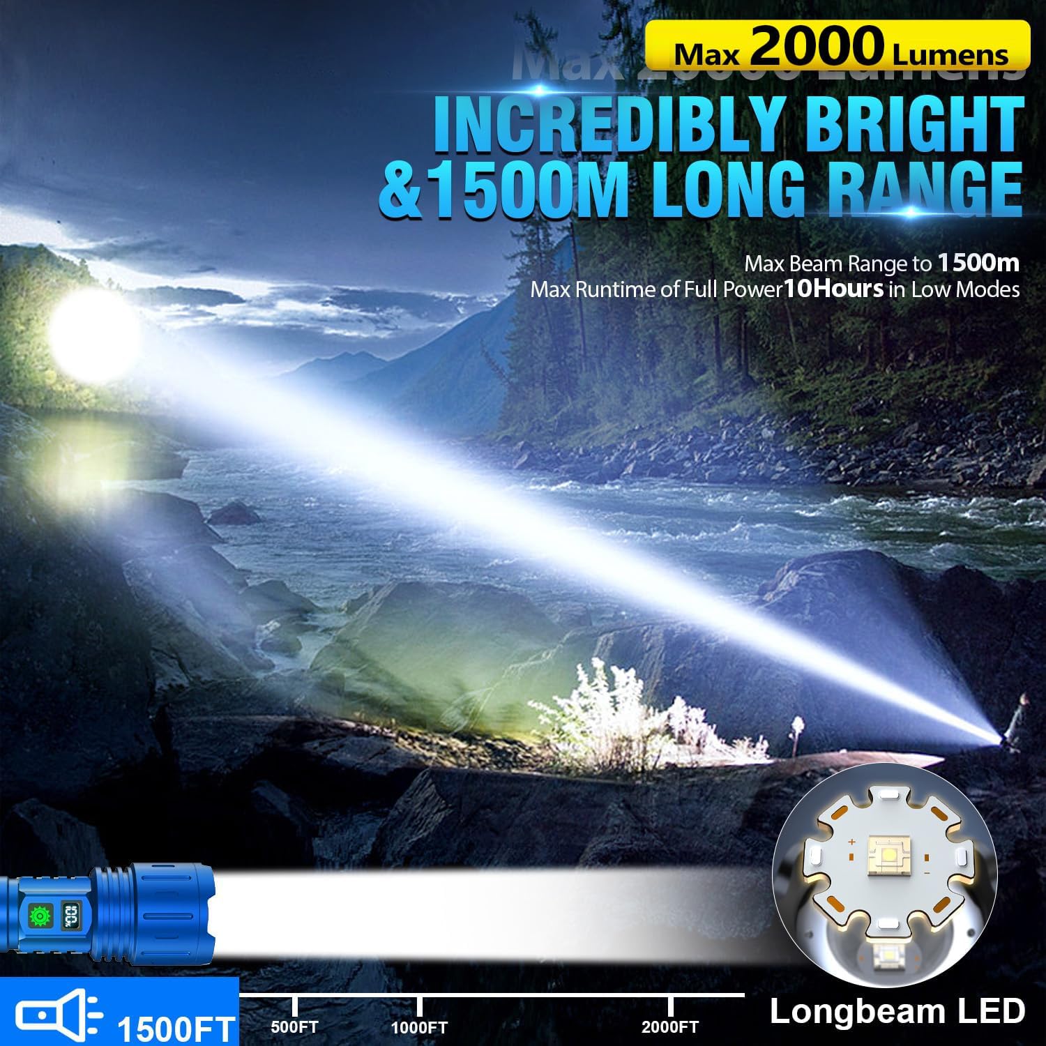Flashlights High Lumens Rechargeable - 1500 Meters Long Beam Super Bright Led Flash Light With Power Display & Ipx5 Waterproof F
